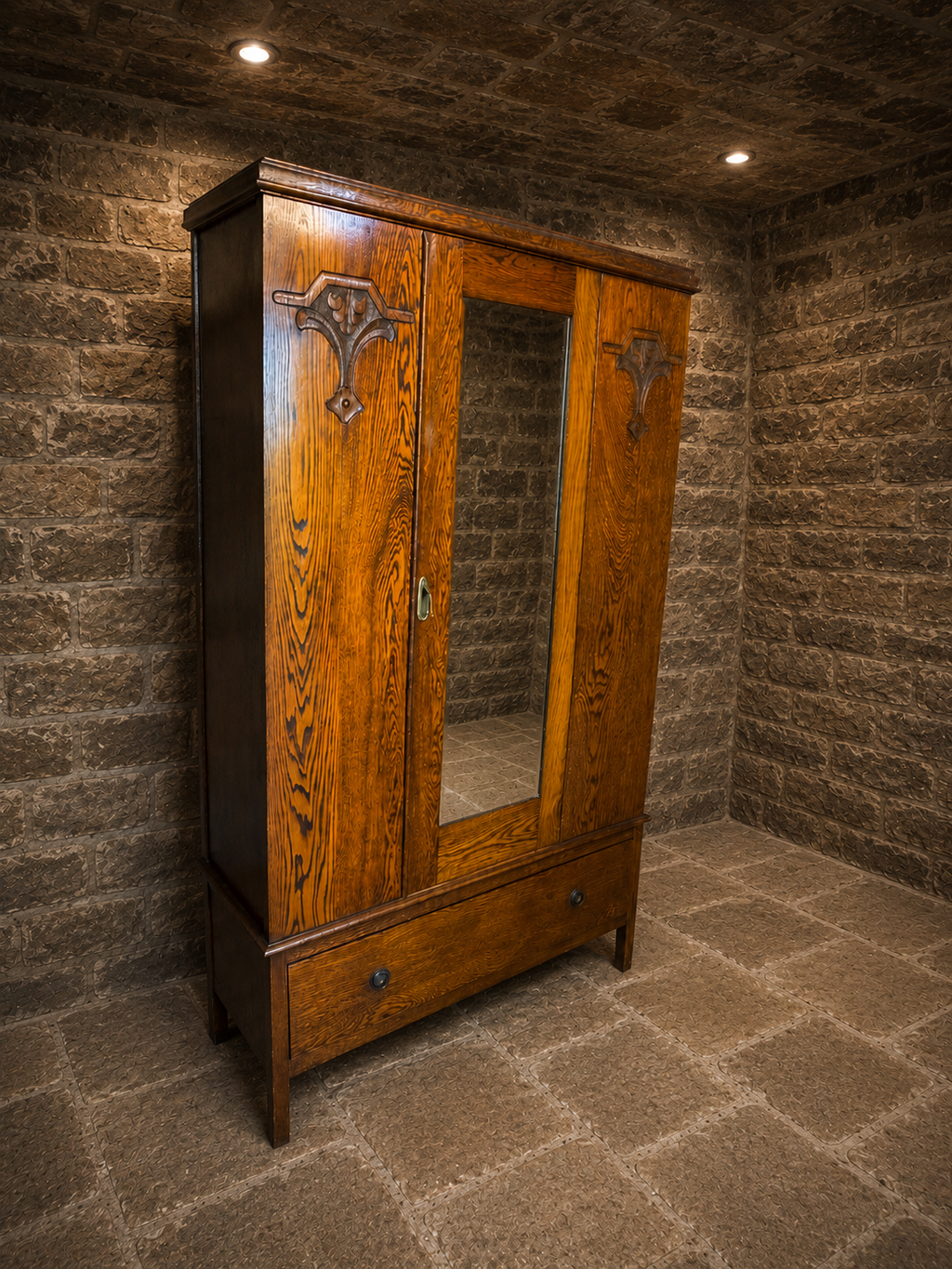 Antique Edwardian Arts & Crafts Quarter Sawn Oak Triple Wardrobe with Mirror & Drawer | c.1910