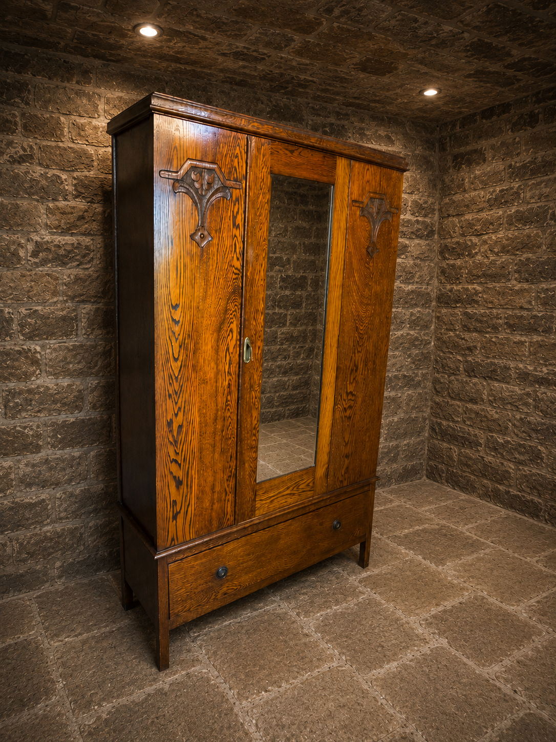 Antique Edwardian Arts & Crafts Quarter Sawn Oak Triple Wardrobe with Mirror & Drawer | c.1910