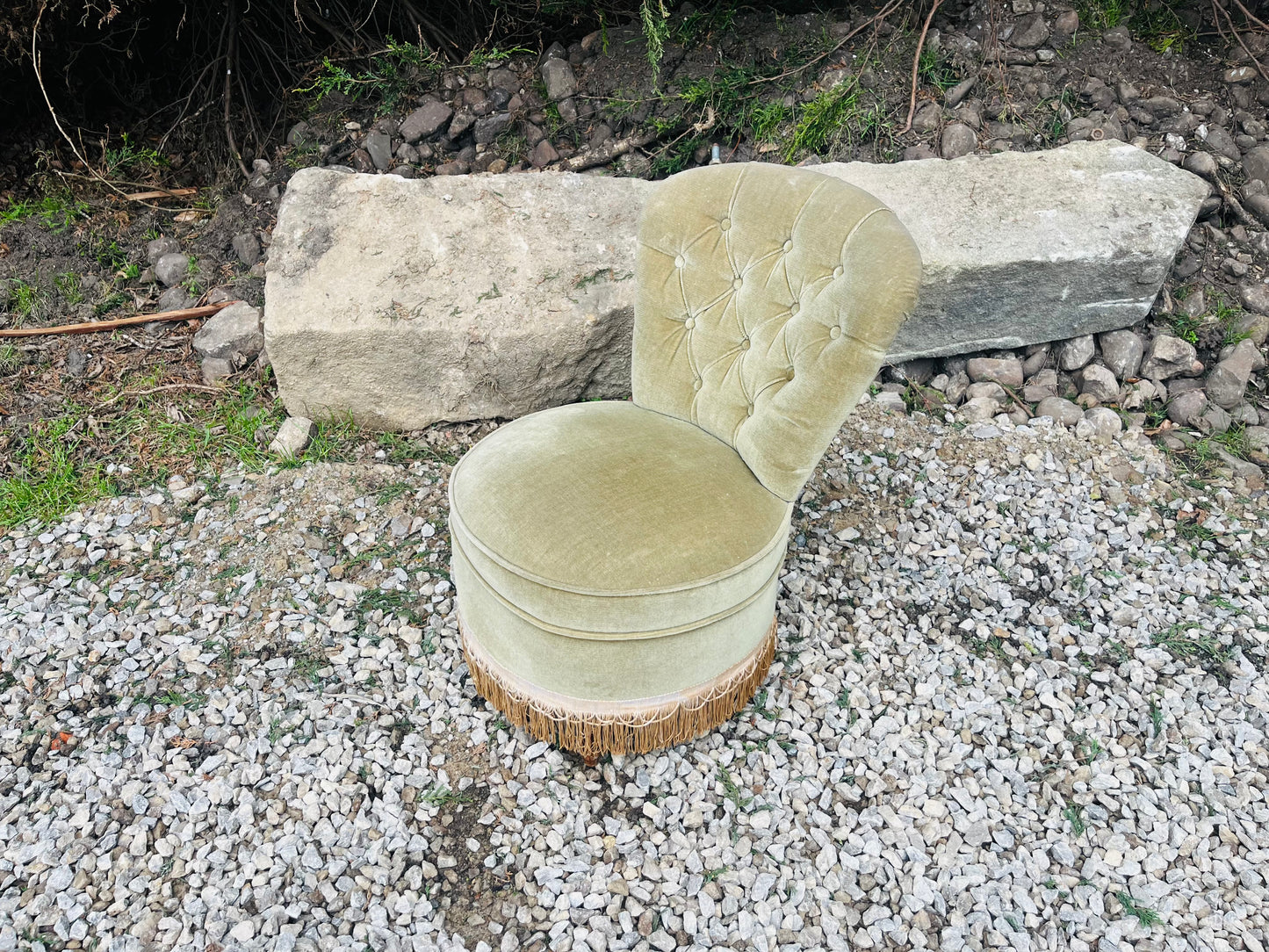 Vintage Sage Green Velvet Boudoir Chair with Button Back & Fringe Trim