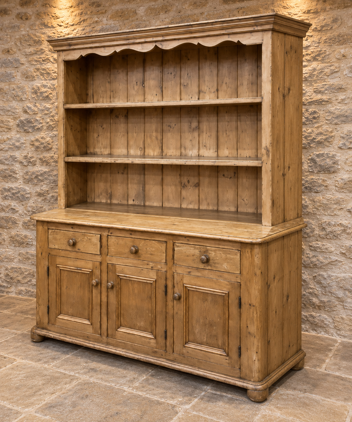 Vintage pine farmhouse dresser with scalloped canopy
