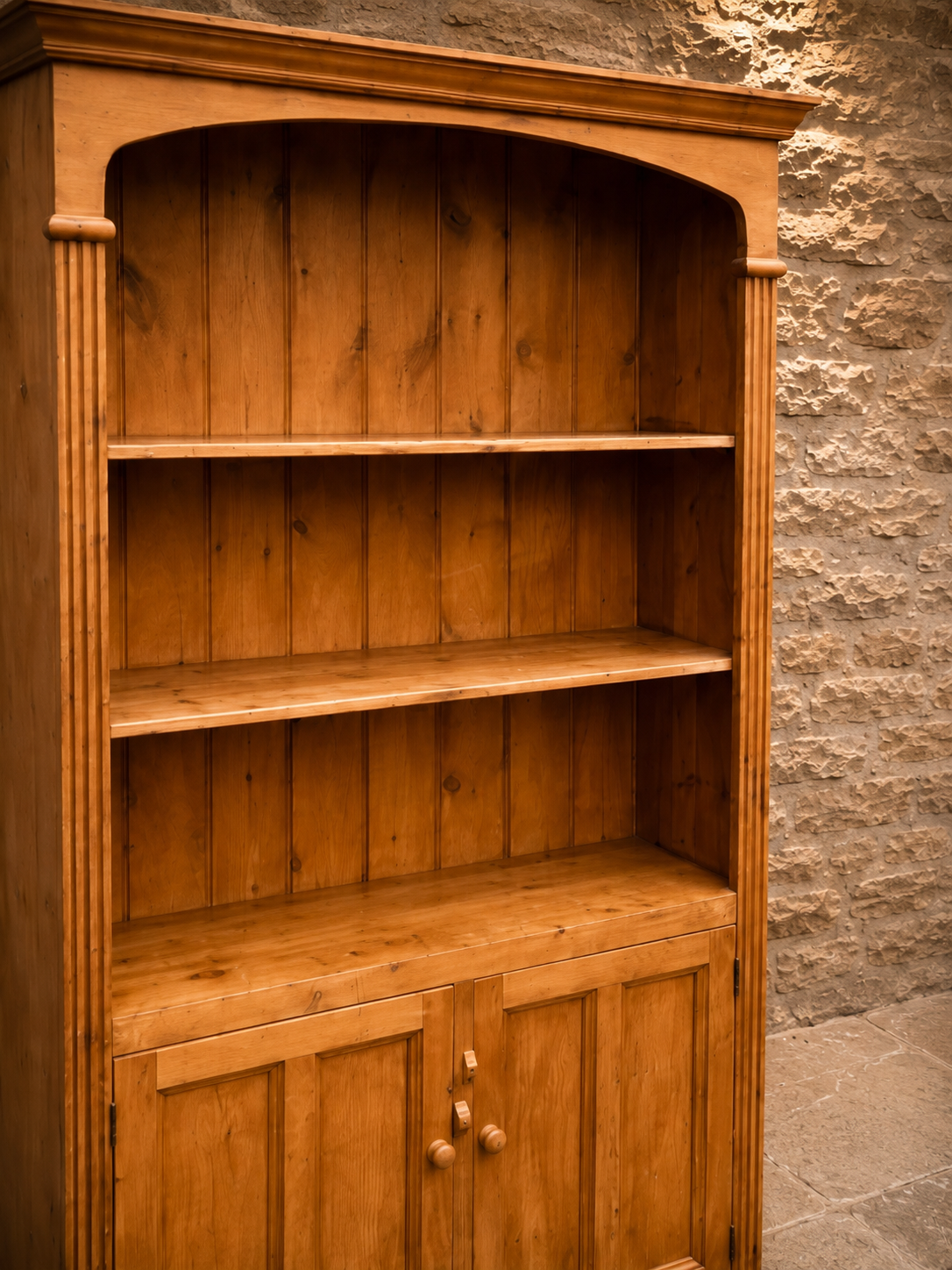 Vintage Solid Pine Farmhouse Bookcase | Rustic Country Display Cabinet | English Pine Shelving Unit with Cupboard