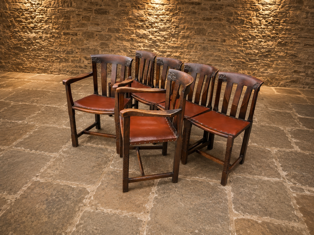Antique Arts & Crafts Oak Dining Chairs – Set of 6 with Leather Seats & 2 Carvers – c.1890–1910