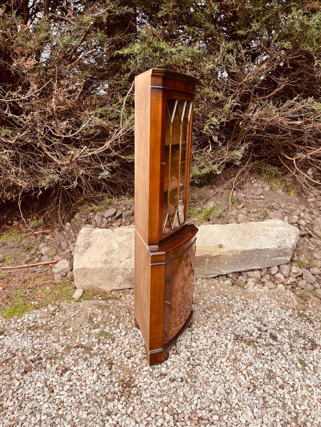 Antique Edwardian Mahogany Corner Display Cabinet with Leaded Glass