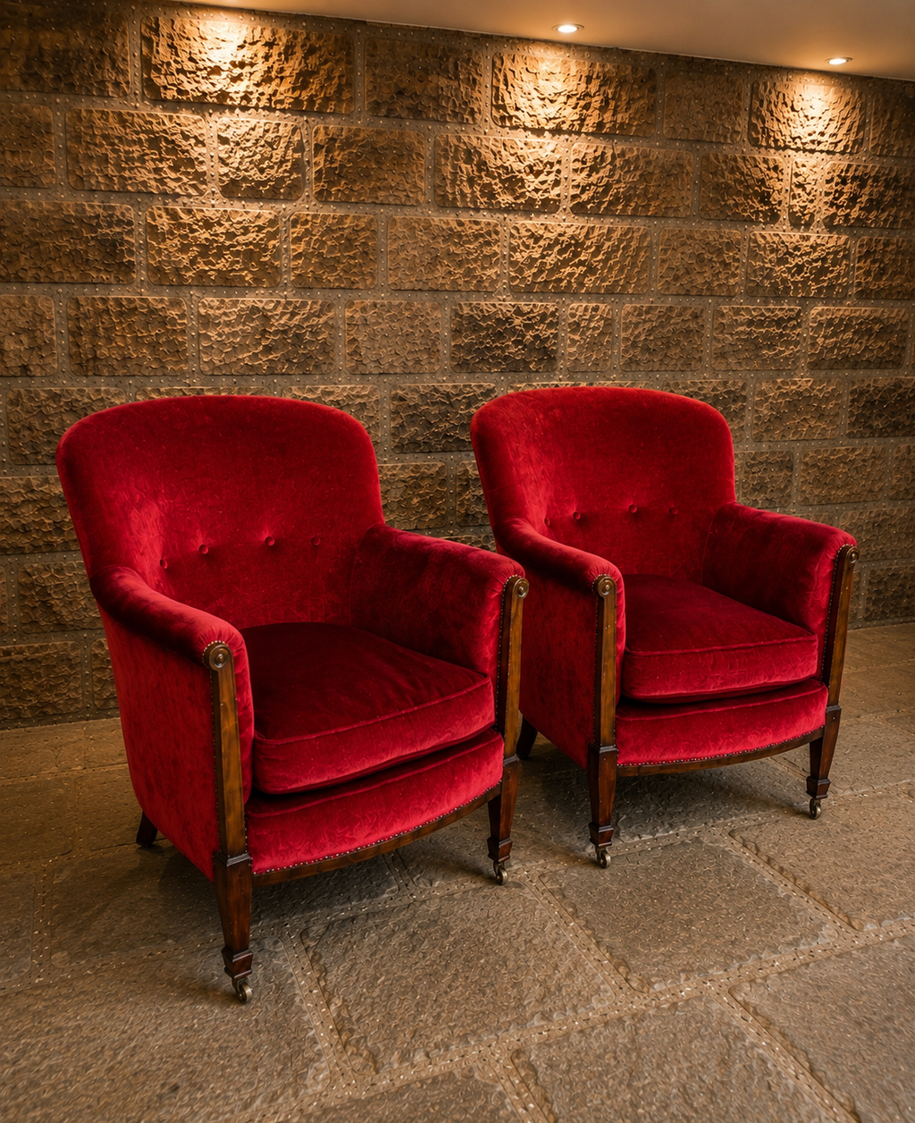 Pair of Antique Edwardian Red Velvet Armchairs – Circa 1910 – English Country House Chairs
