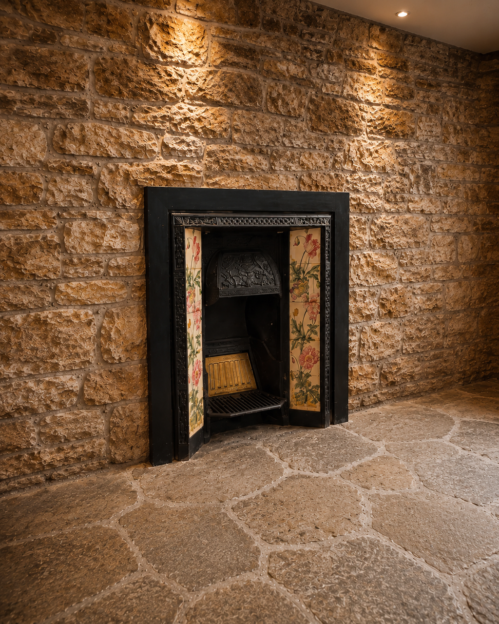 Antique Victorian Cast Iron Fireplace Insert with Original Art Nouveau Floral Tiles | Edwardian Fireplace | Circa 1900