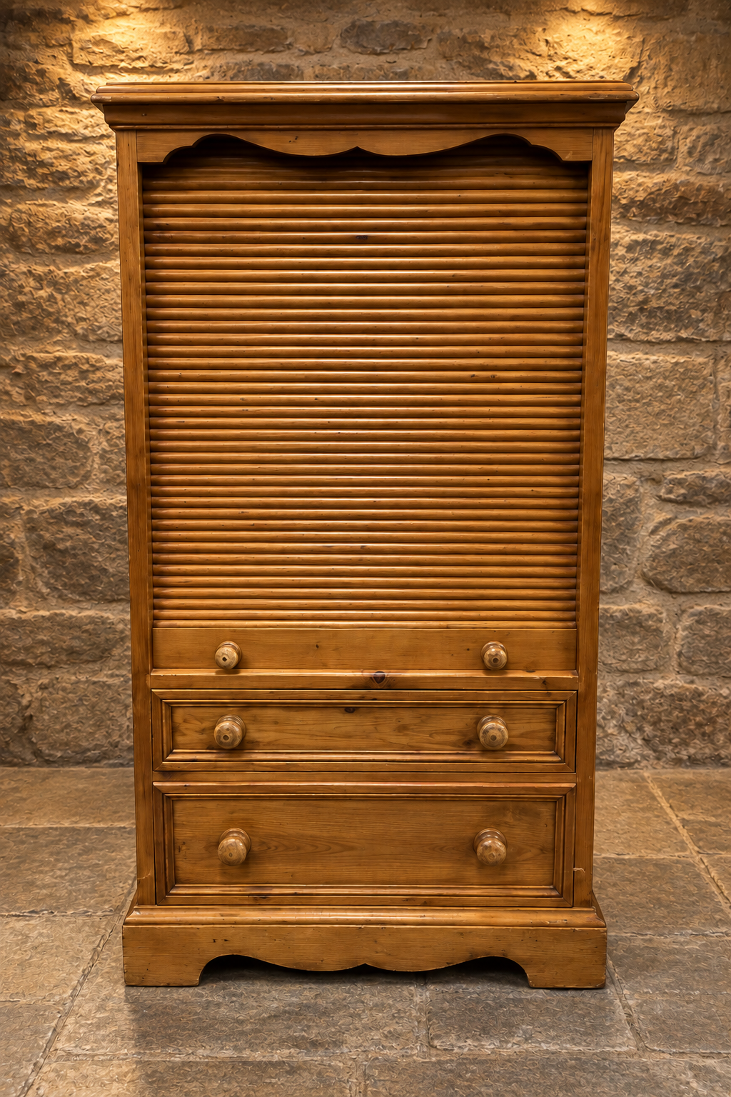 Antique Victorian Pine Tambour Linen Press c.1880 – Roll Front Storage Cabinet