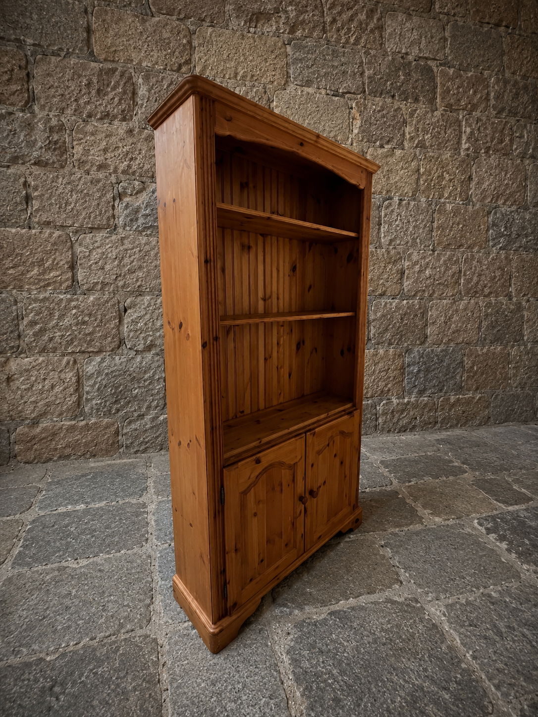 Vintage Rustic Pine Farmhouse Bookcase Cabinet with Cupboard Storage