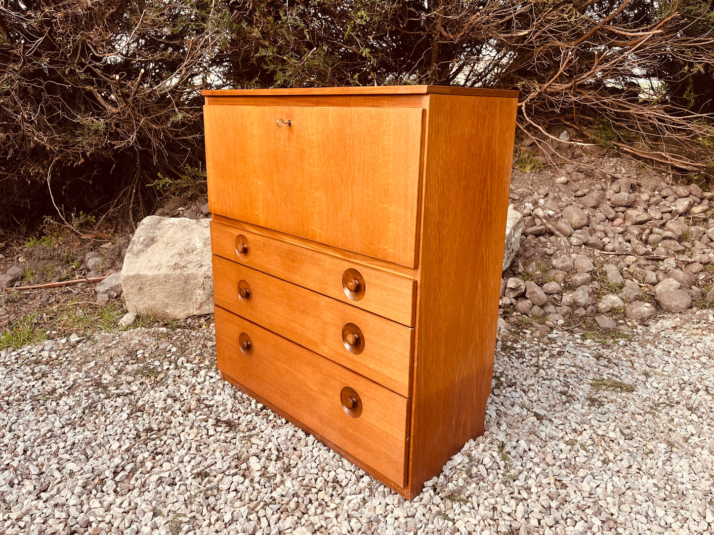 Mid Century Teak Bureau Writing Desk with Drop Front