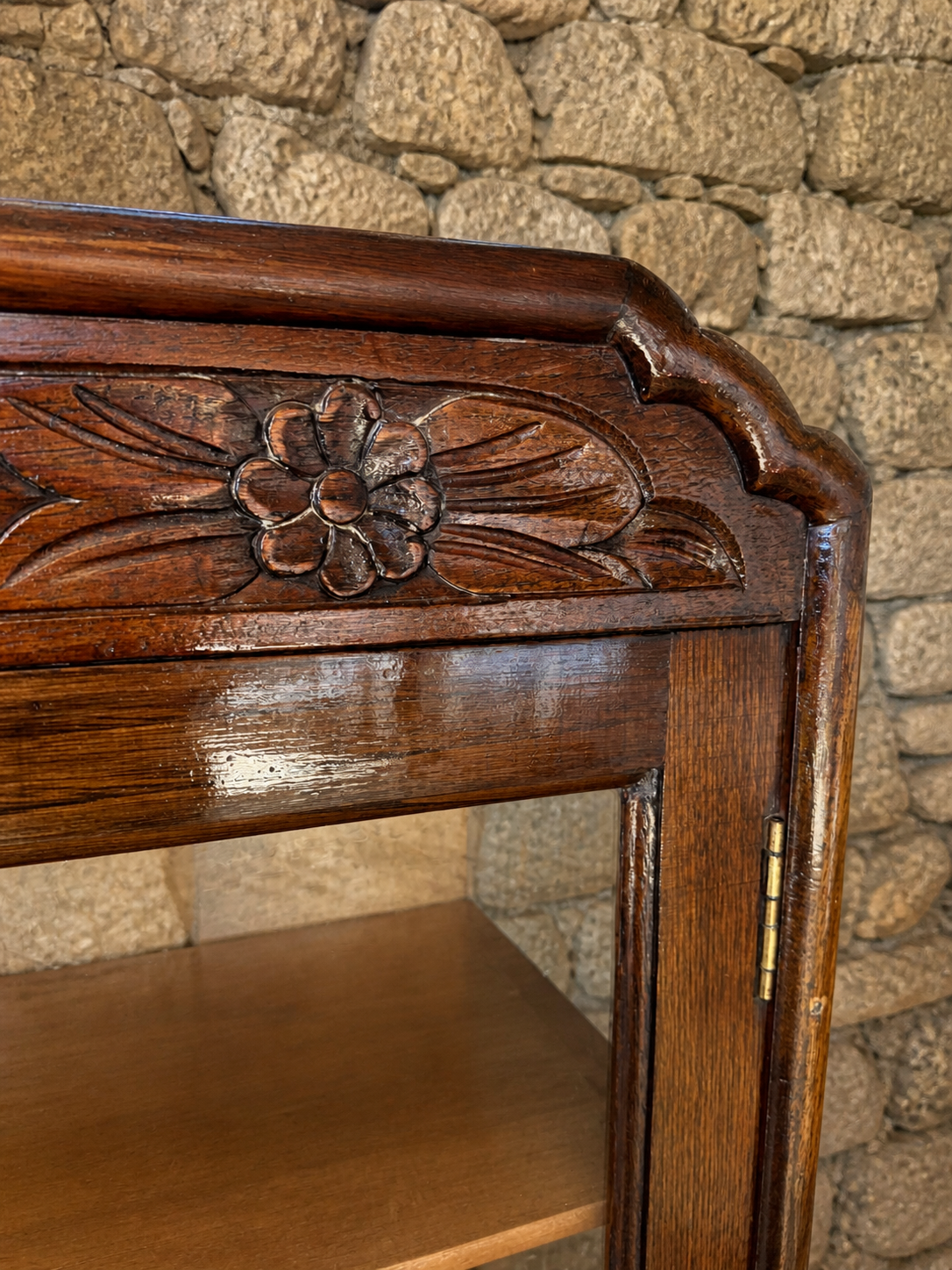 1930s Oak Glazed Bookcase | Vintage Display Cabinet with Carved Detail