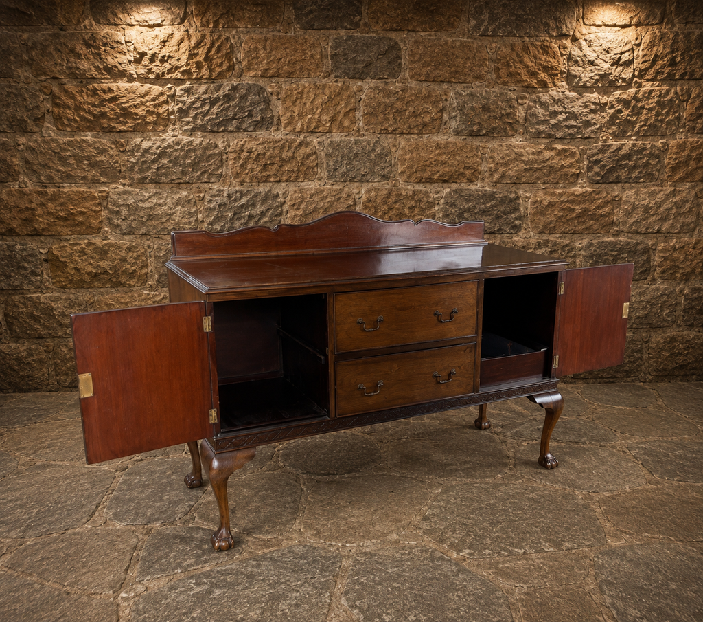 Antique Chippendale Revival Figured Walnut Sideboard – Circa 1920 – Ball & Claw Feet