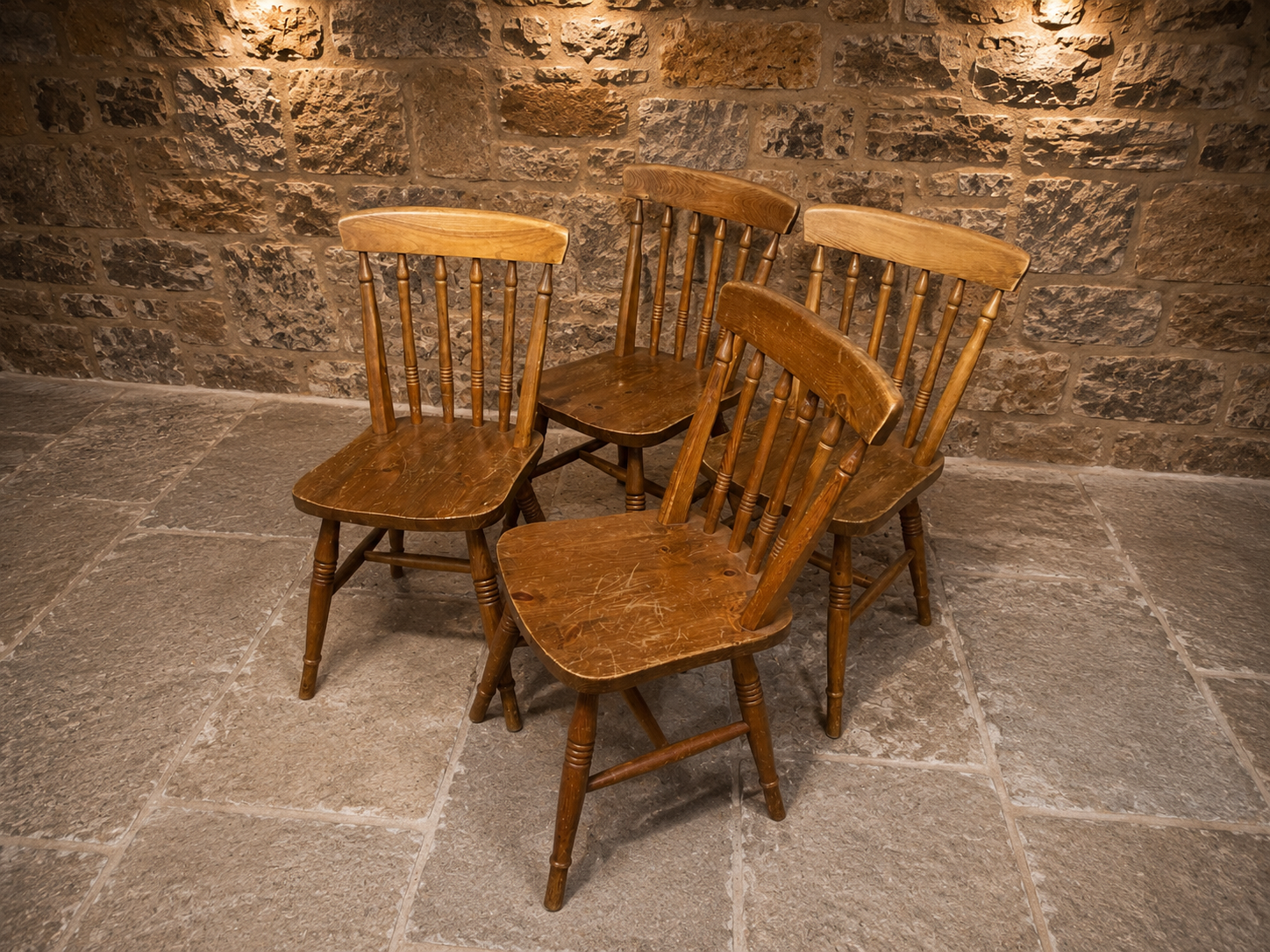 Vintage Set of 4 Windsor Style Wooden Dining Chairs – Rustic Farmhouse Spindle Back Kitchen Chairs