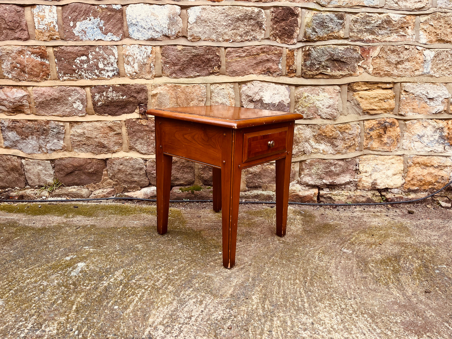 Late 20th Century Solid Wood Bedside Table with Inlaid Top – Vintage Side Table