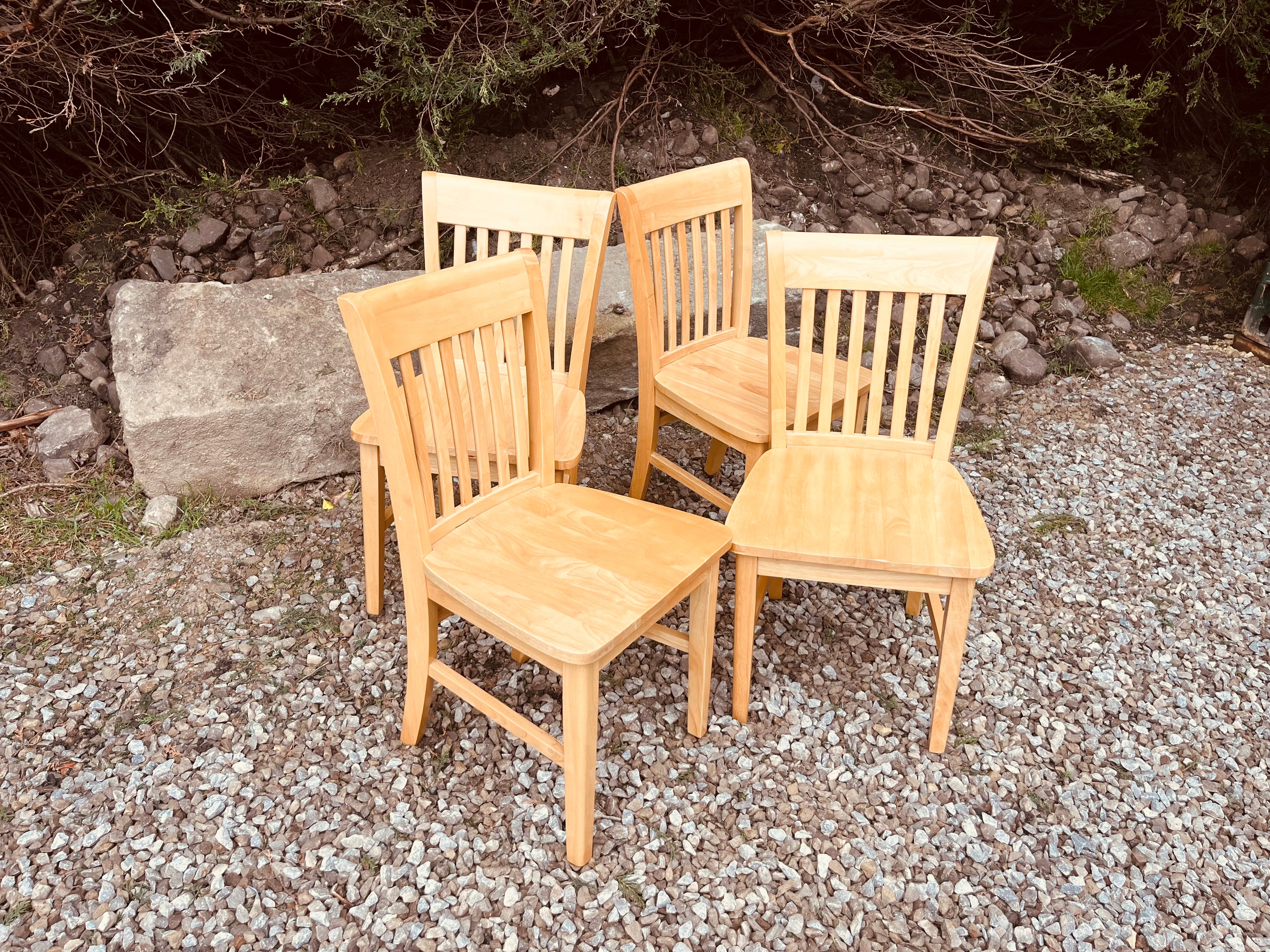 Set of Four Solid Wood Farmhouse Dining Chairs – Natural Wood Slat Back Kitchen Chairs