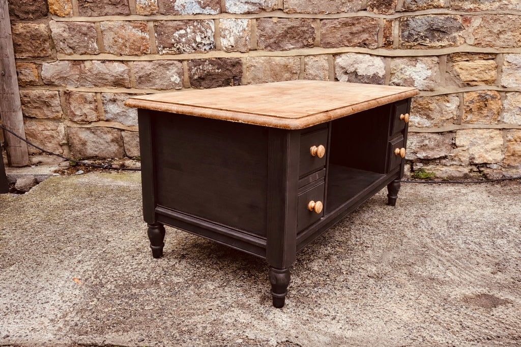 Double-Sided Solid Wood Coffee Table with 8 Drawers | Hand-Painted Deep Blue