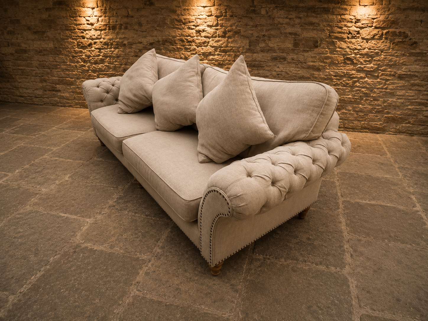 Large Chesterfield Style 3 Seater Sofa – Neutral Linen Look Upholstery & Buttoned Arms