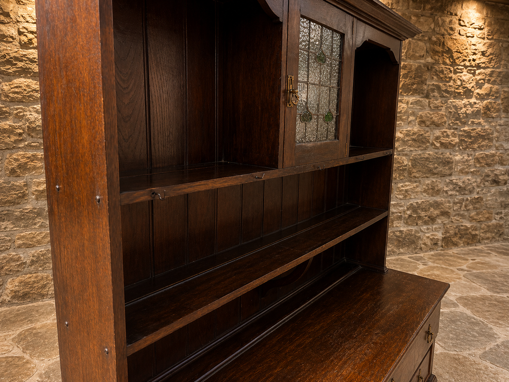 Antique Arts & Crafts Oak Dresser with Stained Glass Display Cabinet