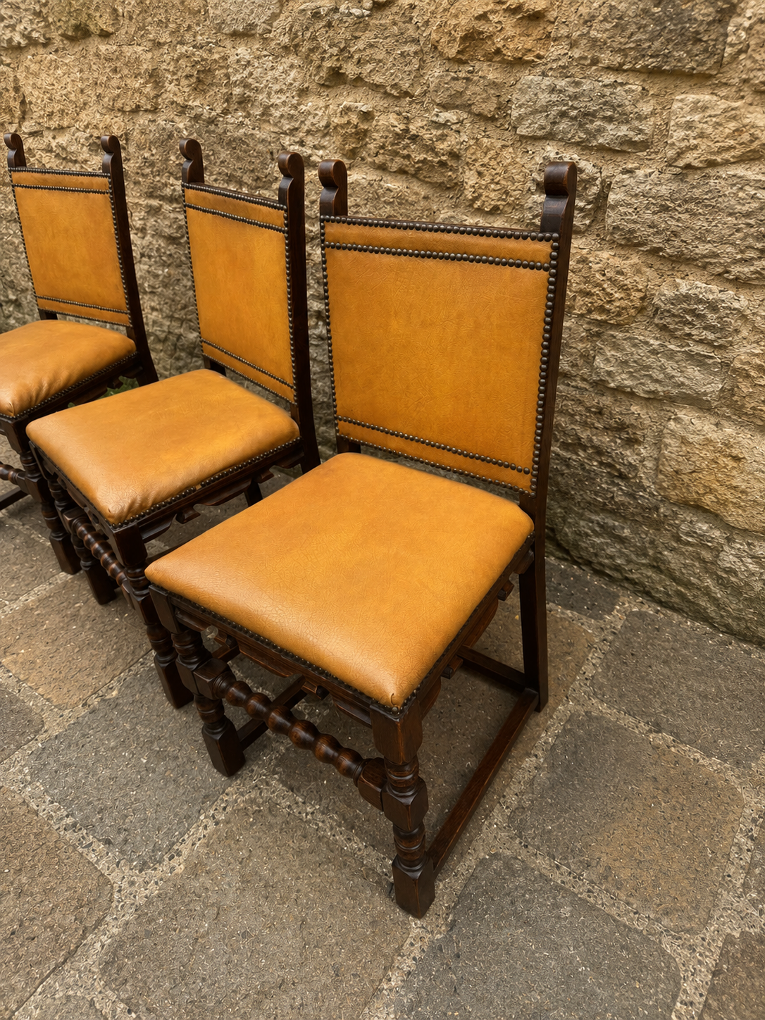Set of 6 Jacobean Revival Oak Dining Chairs with Studded Tan Upholstery