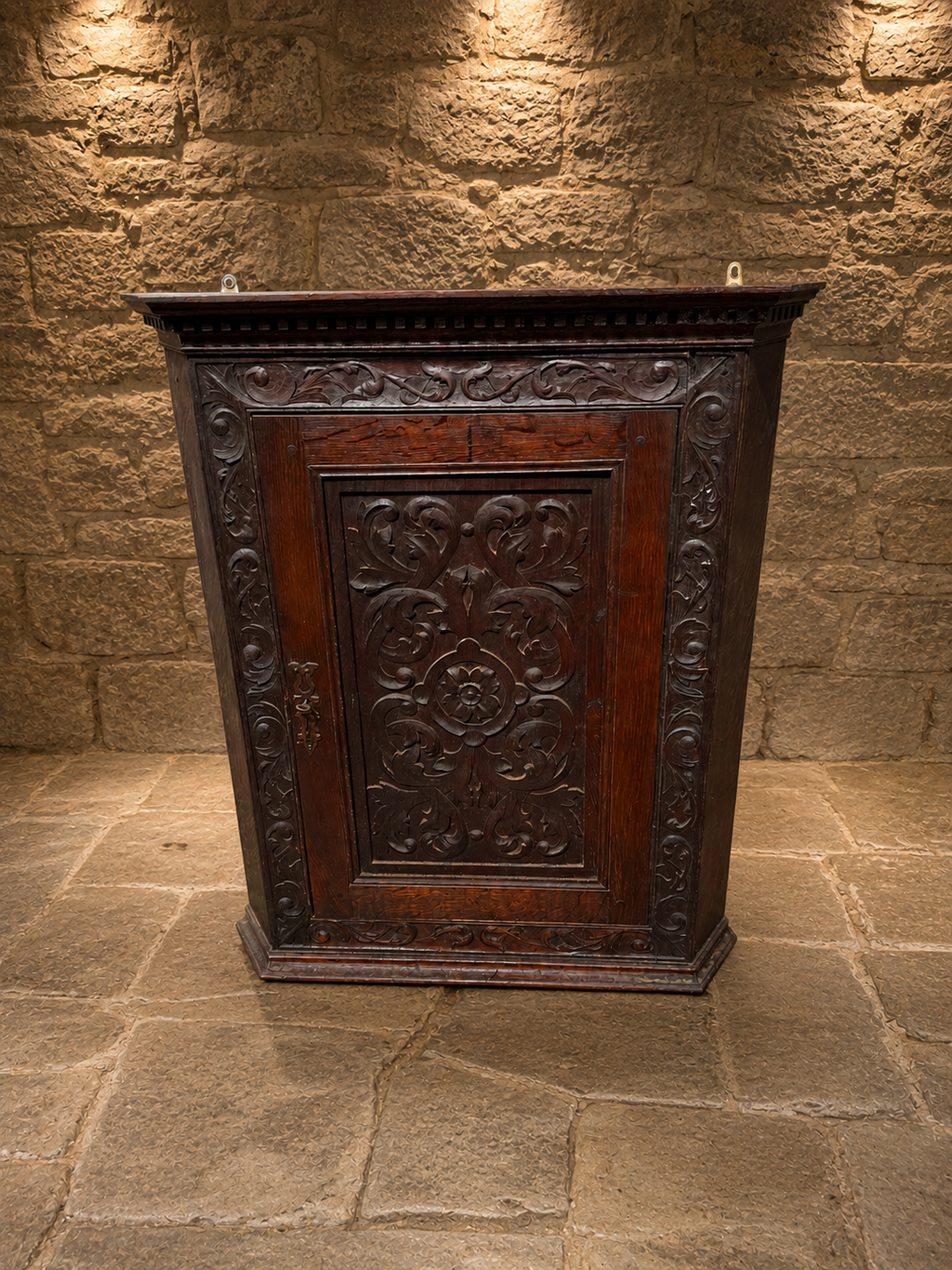 Antique Victorian Carved Solid Oak Corner Cupboard | Gothic Revival Cabinet | Circa 1890