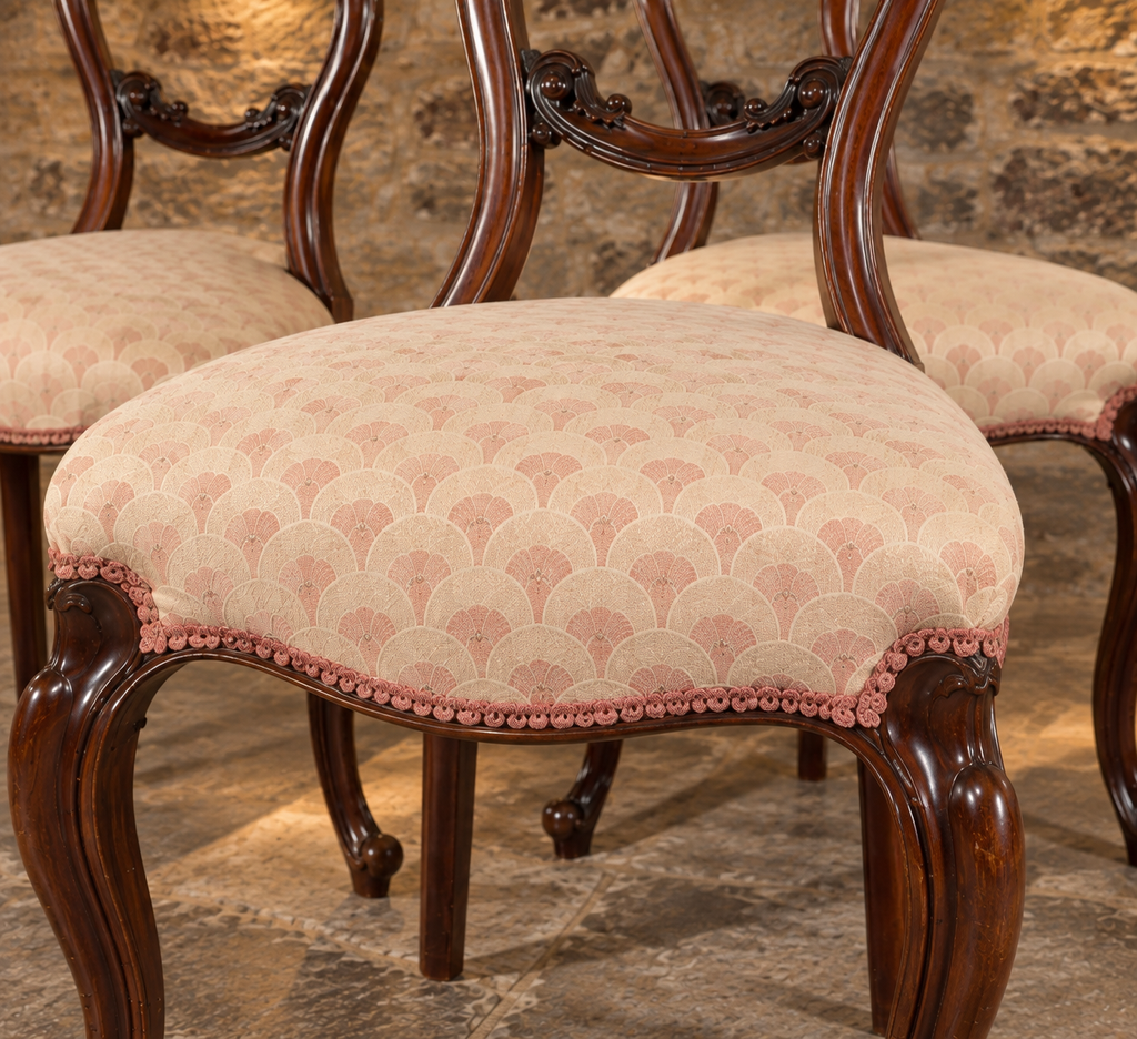 Set of Six Antique Victorian Mahogany Balloon Back Dining Chairs – c.1840–1860