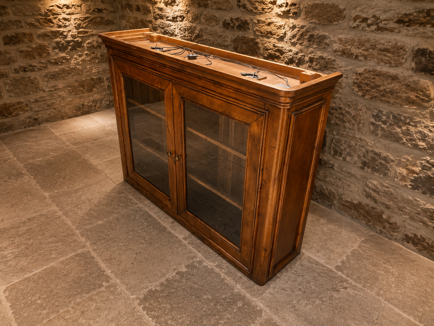 Large French Provincial Cherry Wood Glazed Display Cabinet | Country Farmhouse Glass Display Cabinet