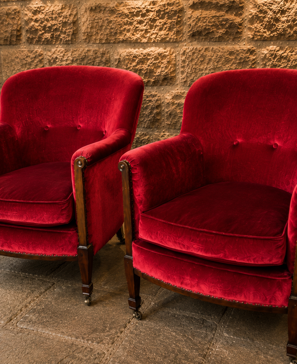 Pair of Antique Edwardian Red Velvet Armchairs – Circa 1910 – English Country House Chairs