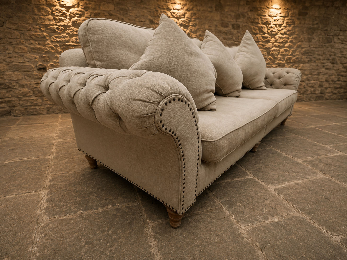 Large Chesterfield Style 3 Seater Sofa – Neutral Linen Look Upholstery & Buttoned Arms
