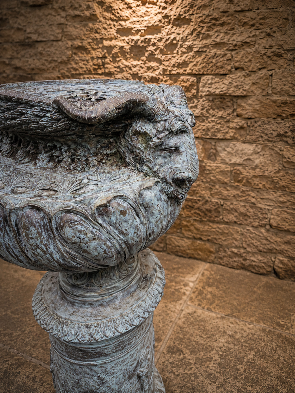 Bronze Neoclassical Garden Urns on Matching Pedestals | Pair of Classical Ram’s Head Urns | French Empire Style Antique Garden Statuary