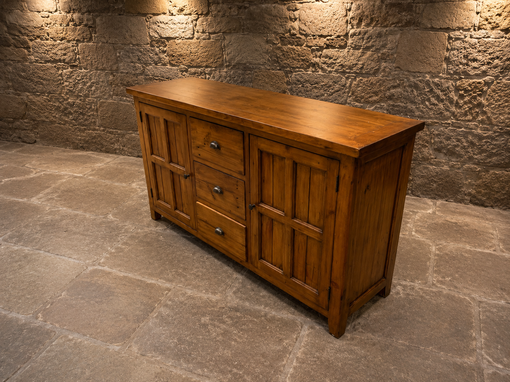 Large Rustic Pine Farmhouse Sideboard – 3 Drawer & Double Cupboard Storage Cabinet
