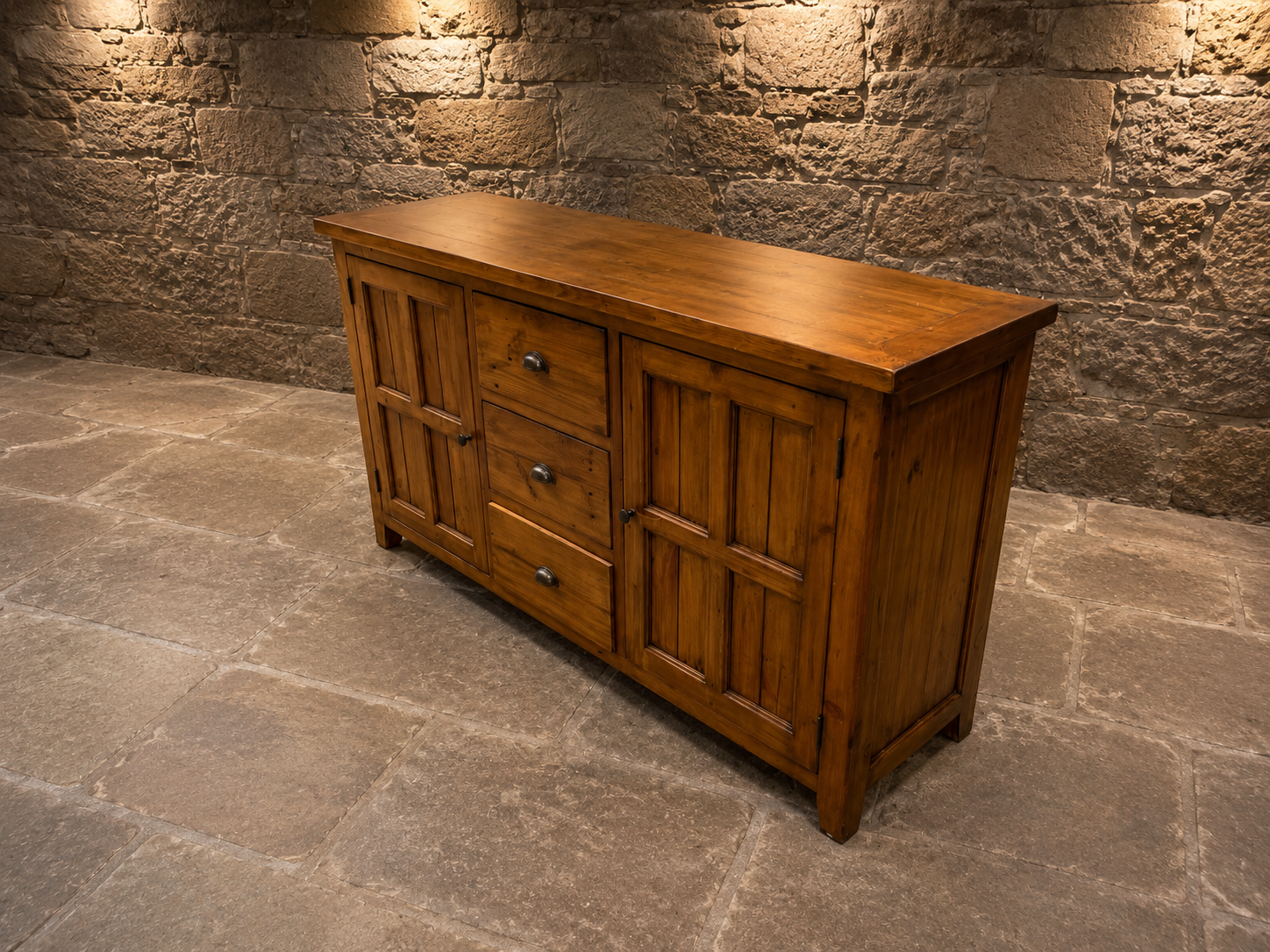 Large Rustic Pine Farmhouse Sideboard – 3 Drawer & Double Cupboard Storage Cabinet