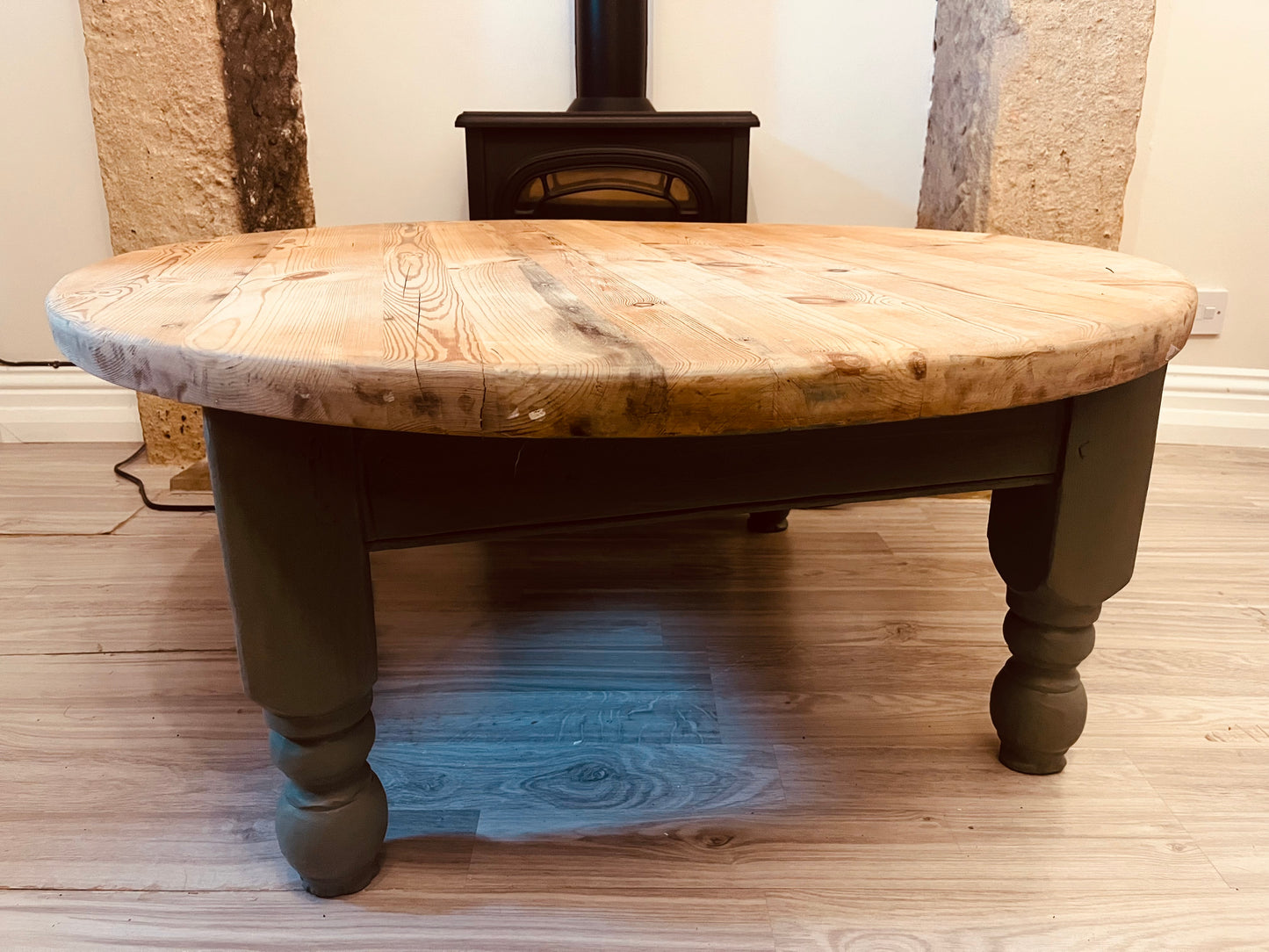 Large Rustic Round Coffee Table – Solid Pine with Stripped Wood Top & Rich Green Painted Legs