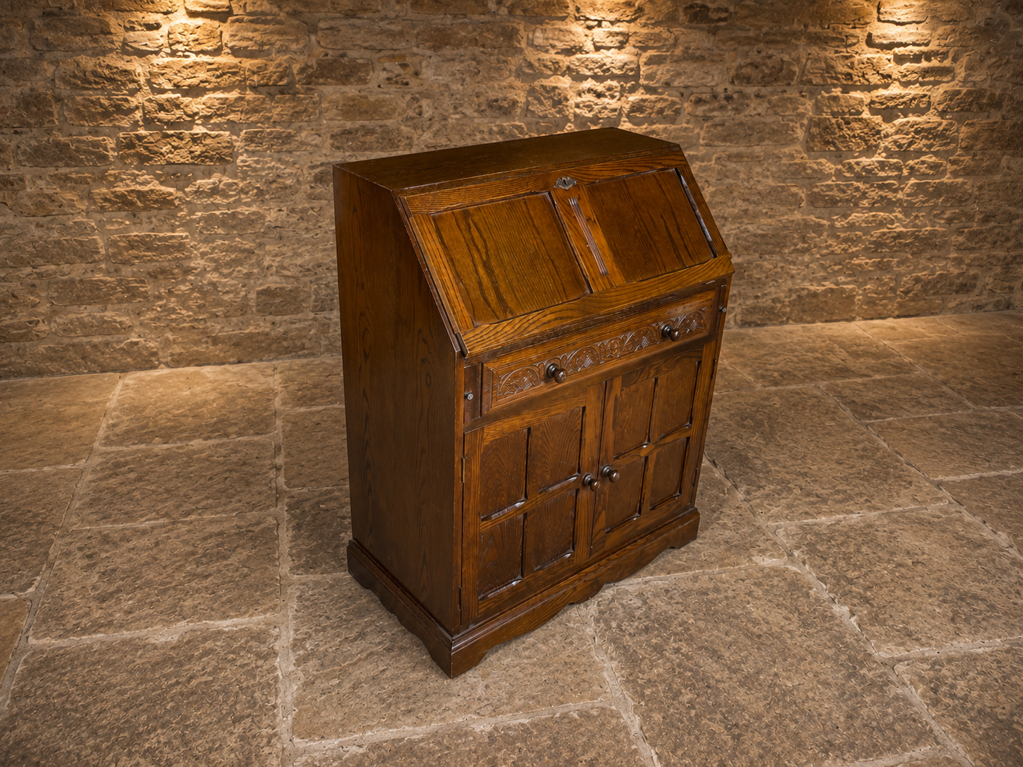 Vintage Solid Oak Jacobean Revival Bureau Cabinet with Drop Front Writing Desk