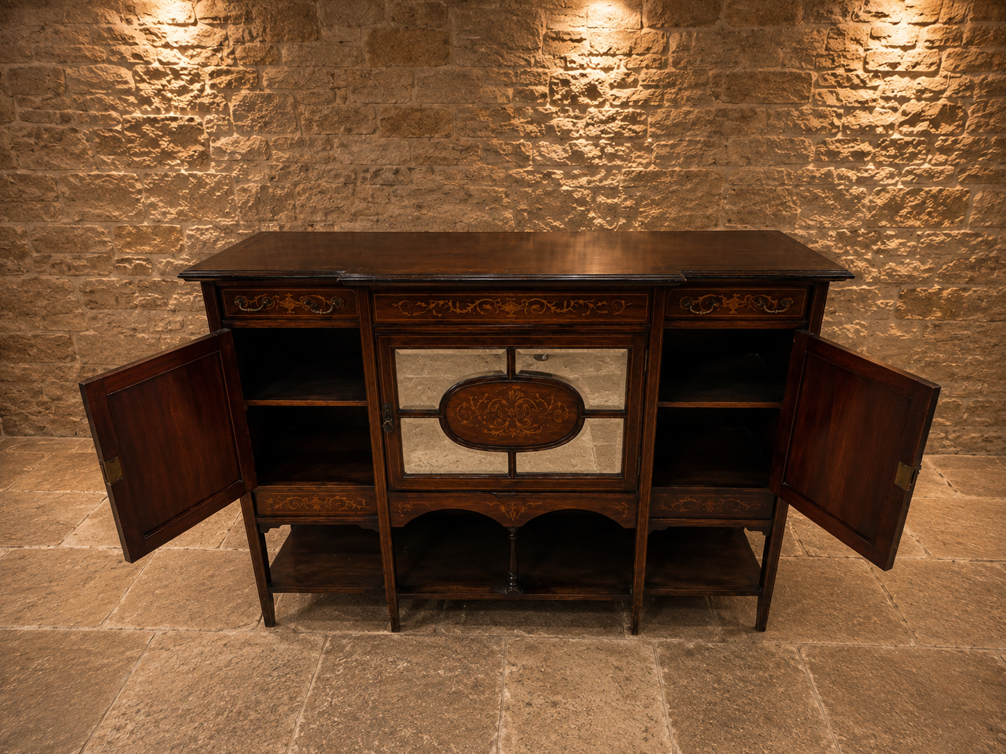 Antique Edwardian Inlaid Mahogany Sideboard c.1900–1915 | Marquetry Drinks Cabinet with Mirrored Doors