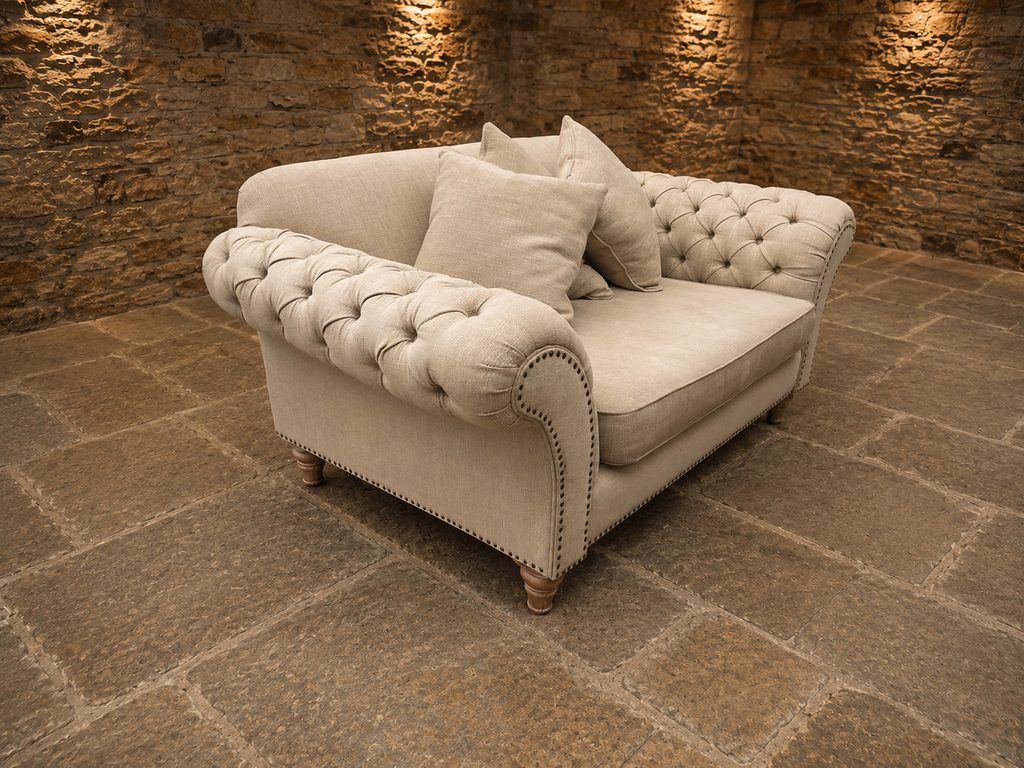 Luxury Chesterfield Style Oversized Snuggler Sofa – Neutral Linen Buttoned Love Seat