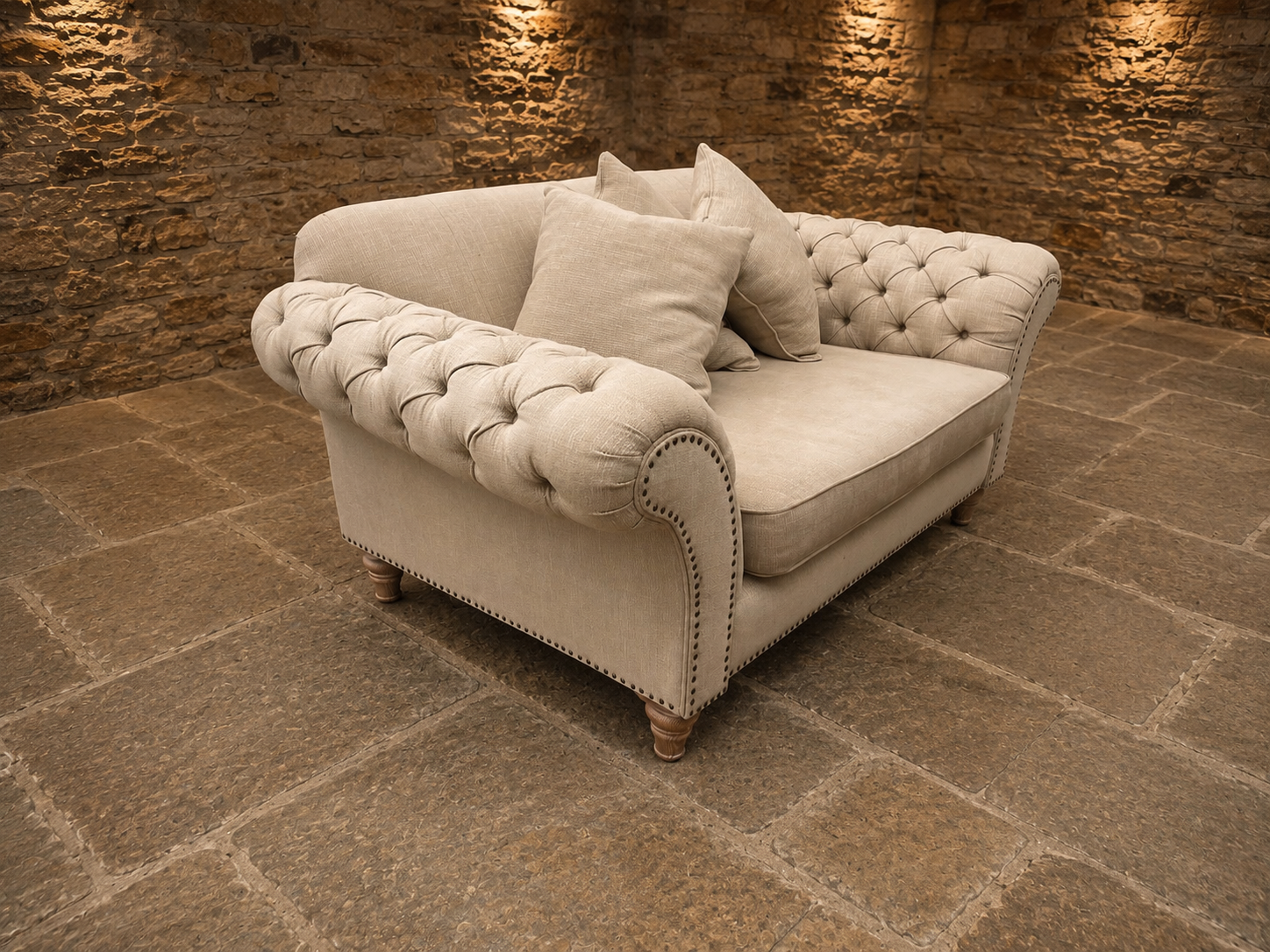 Luxury Chesterfield Style Oversized Snuggler Sofa – Neutral Linen Buttoned Love Seat