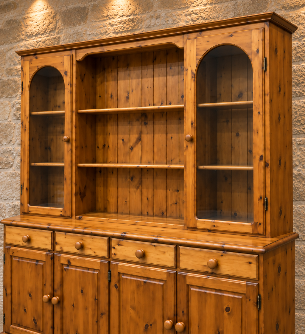 Vintage pine farmhouse dresser with glazed cupboards