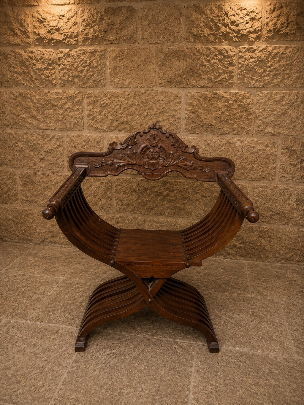 Vintage Savonarola Chair | Italian Renaissance Style X-Frame Accent Chair | Carved Wooden Hall Chair