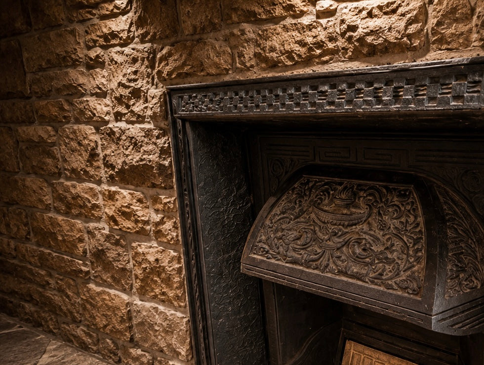 Antique Victorian Cast Iron Fireplace Insert with Original Art Nouveau Floral Tiles | Edwardian Fireplace | Circa 1900