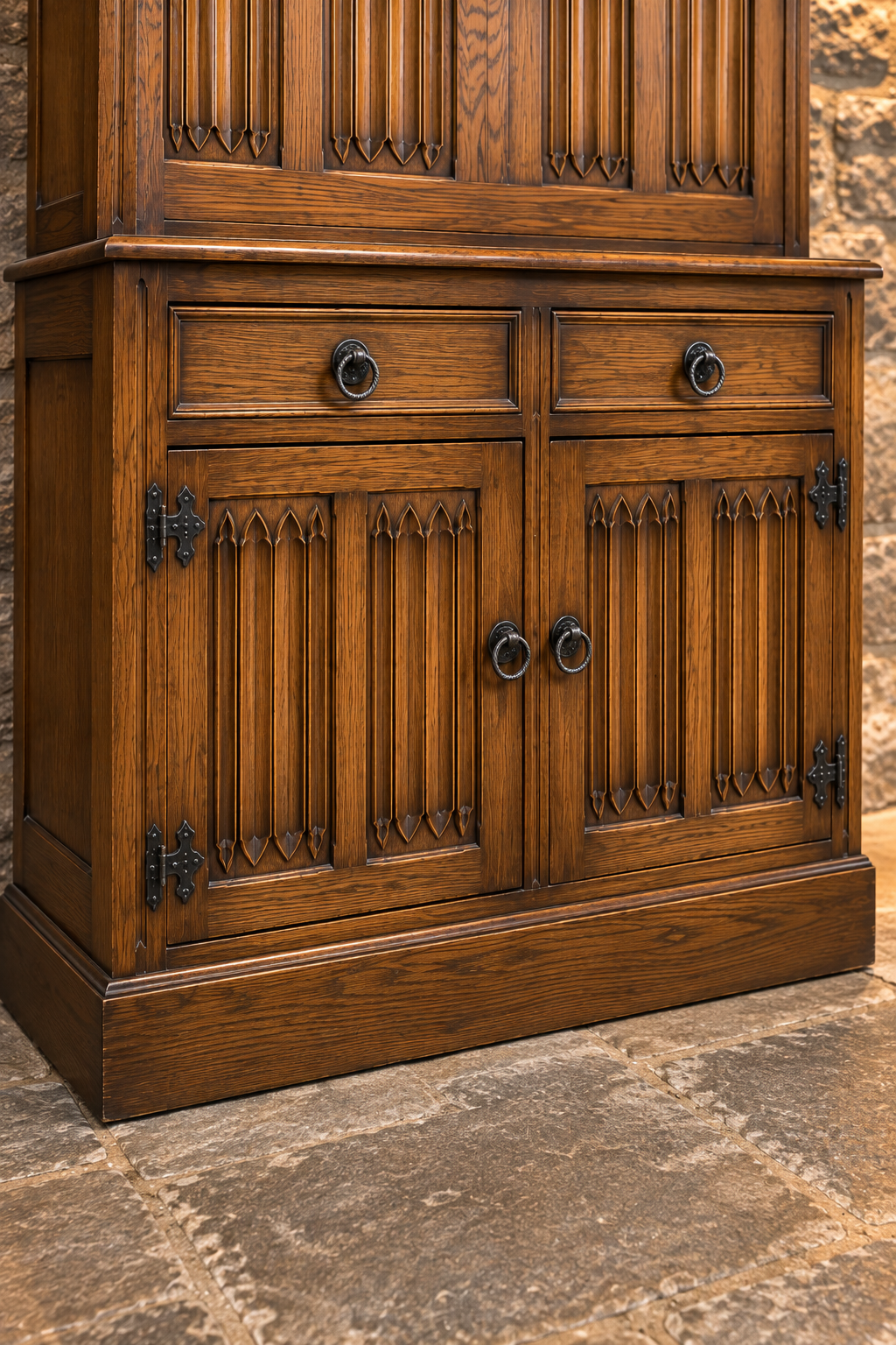 Vintage Carved Oak Tudor Revival Dresser & Leaded Glass Cabinet