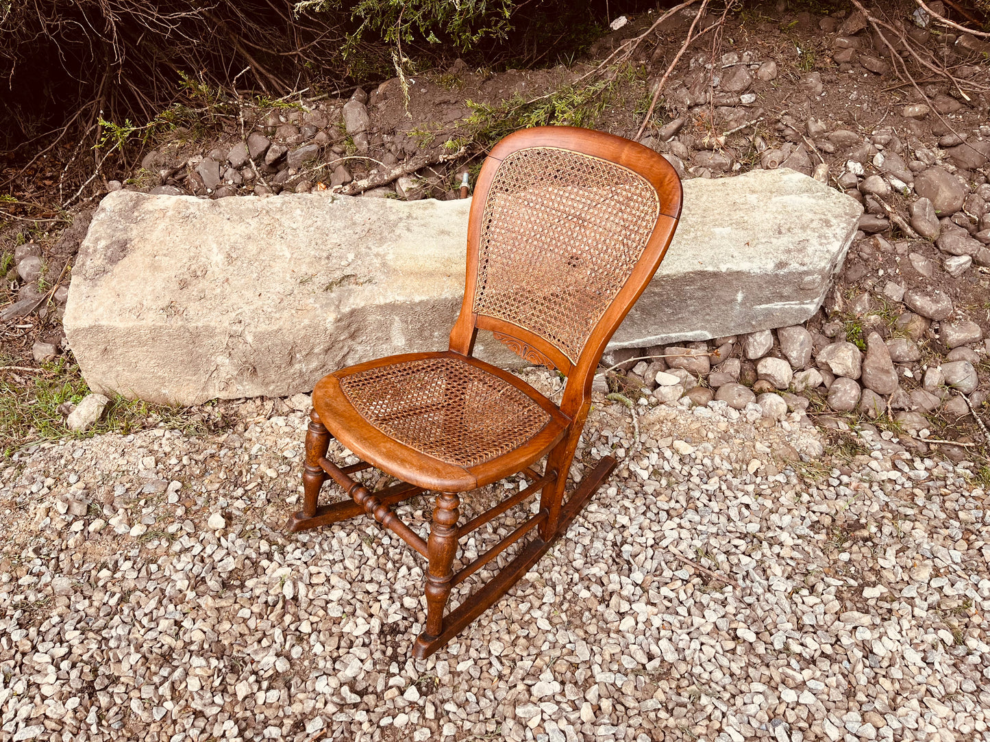 Antique Victorian Cane Rocking Chair – Rustic Wooden Farmhouse Rocker