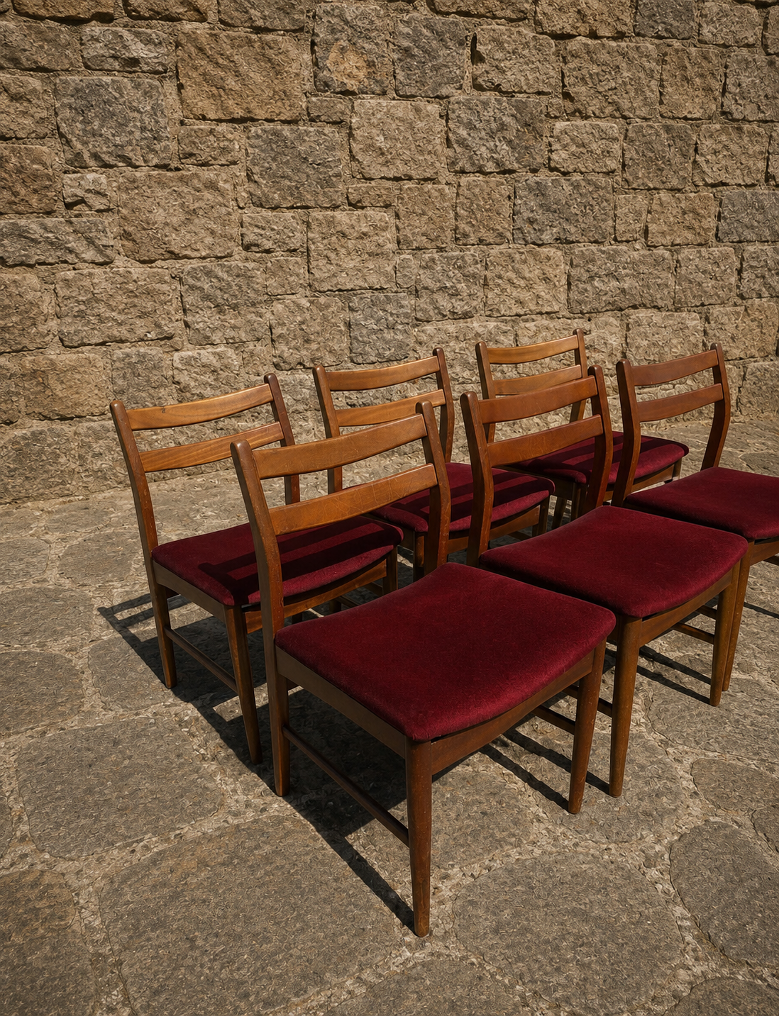 Set of 6 Mid Century Dining Chairs with Burgundy Upholstered Seats