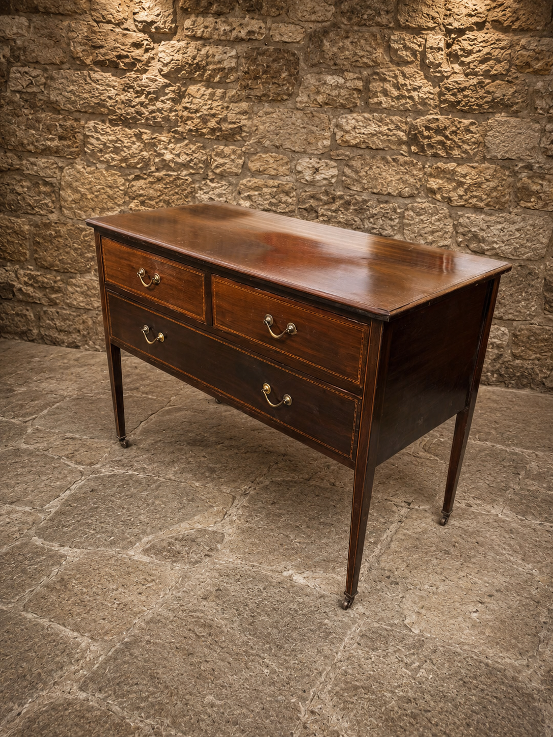 Antique Edwardian Inlaid Mahogany Chest of Drawers on Castors