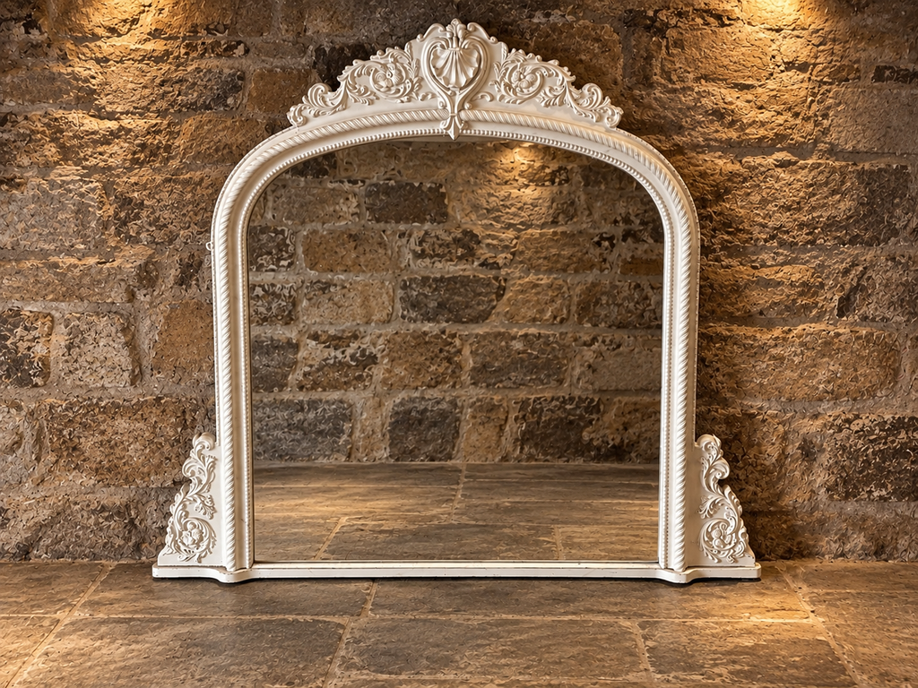 Large Ornate White Overmantel Mirror – Victorian Rococo Style Statement Fireplace Mirror