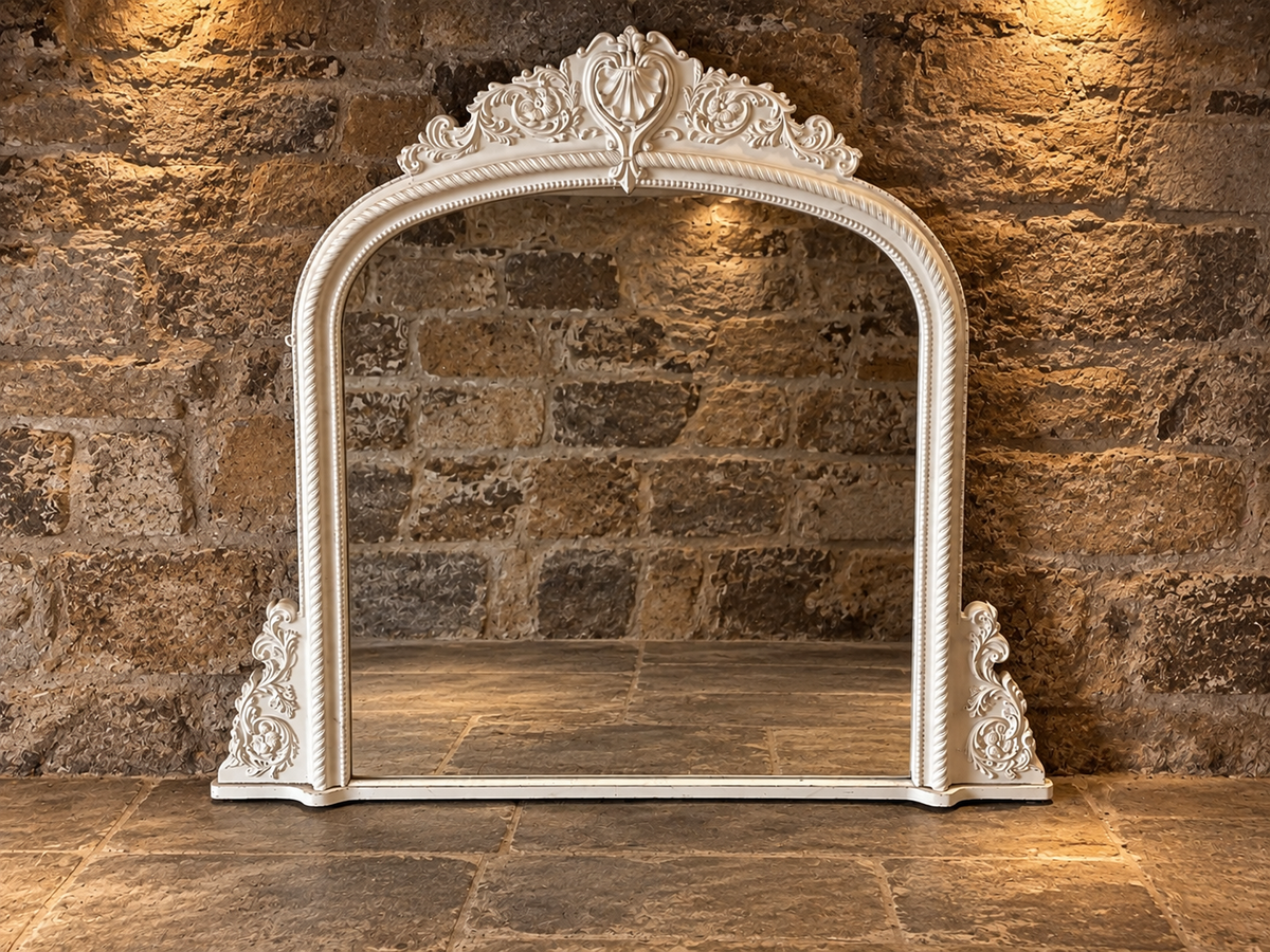 Large Ornate White Overmantel Mirror – Victorian Rococo Style Statement Fireplace Mirror