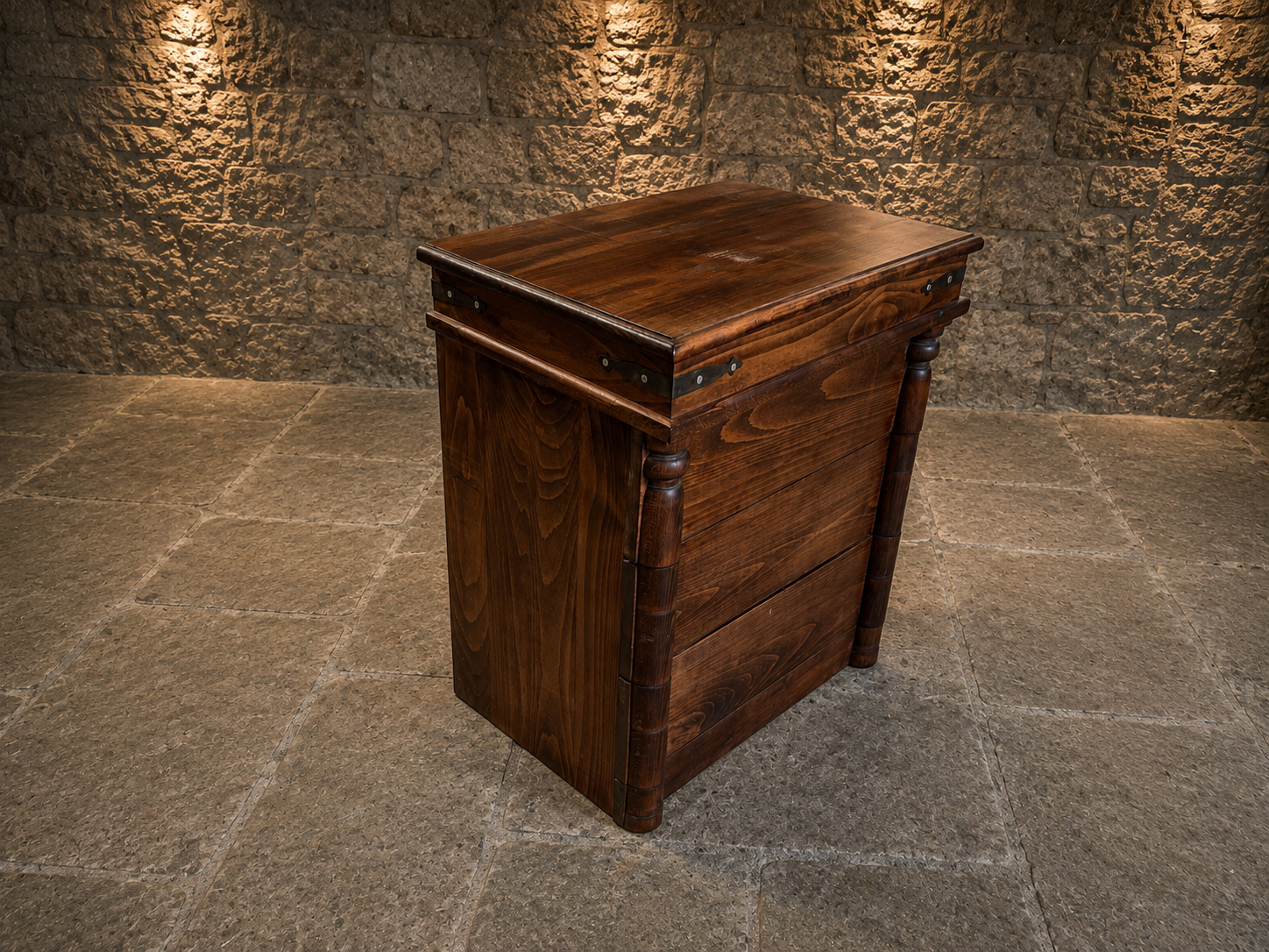 Campaign Style Chest of Drawers in Dark Wood with Brass Strap Detail