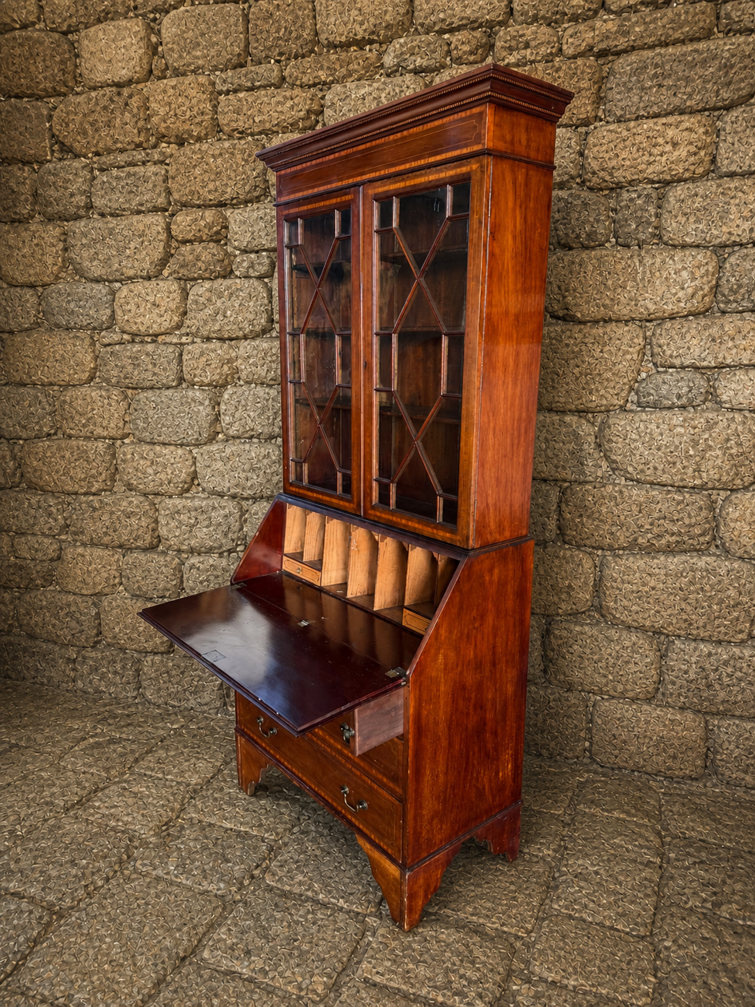 Georgian Revival Mahogany Bureau Bookcase with Glazed Top, Fall Front Writing Desk, Early 20th Century