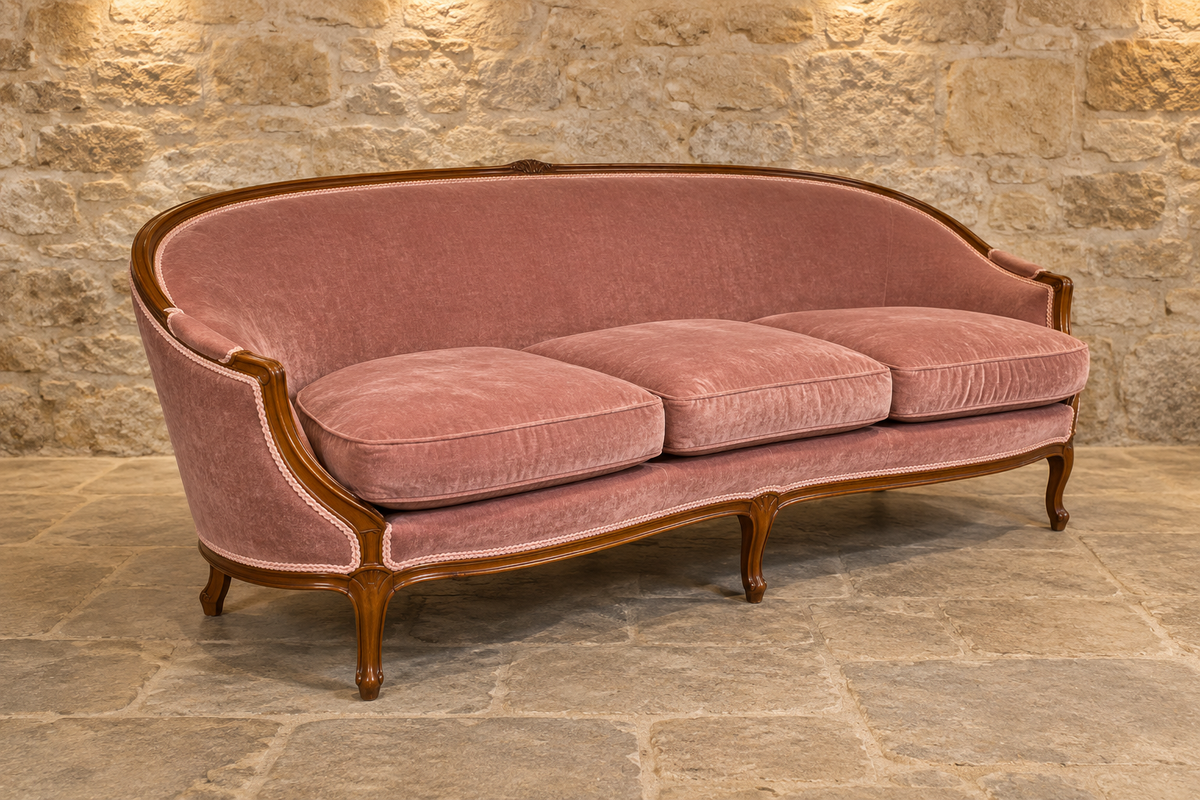 Vintage Louis XV style sofa in dusty rose pink
