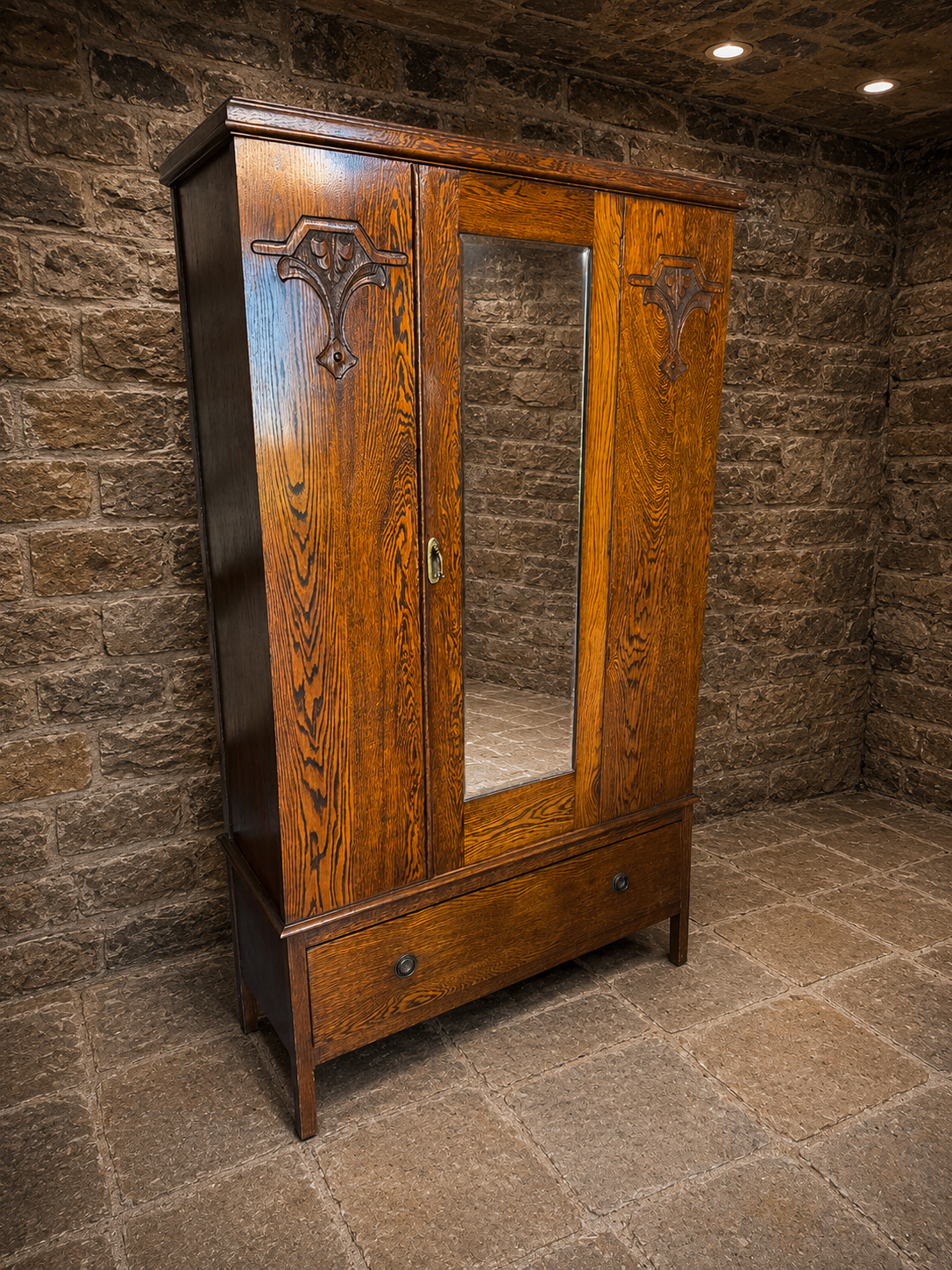 Antique Edwardian Arts & Crafts Quarter Sawn Oak Triple Wardrobe with Mirror & Drawer | c.1910