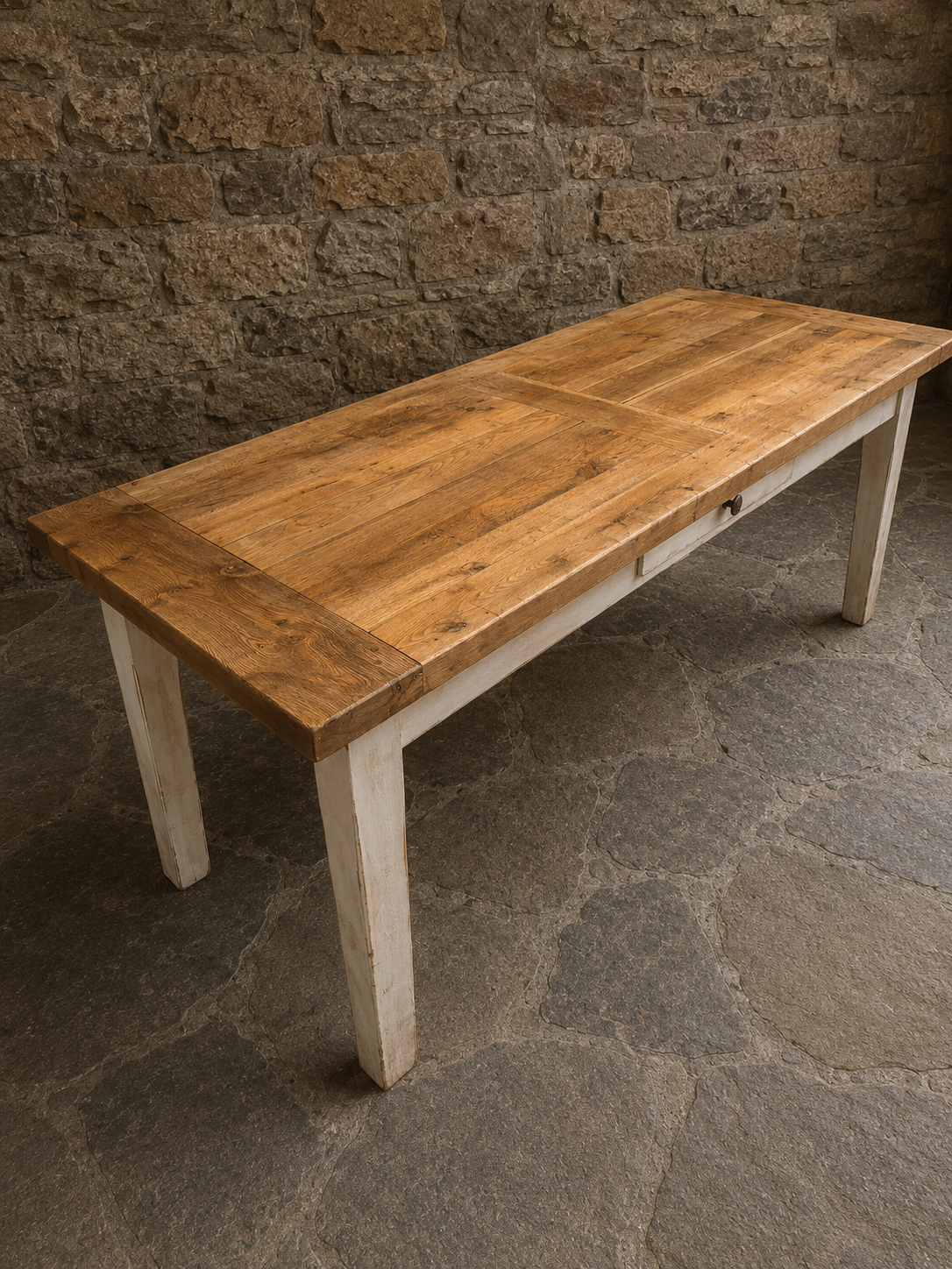 Large French Farmhouse Oak Dining Table with Drawer