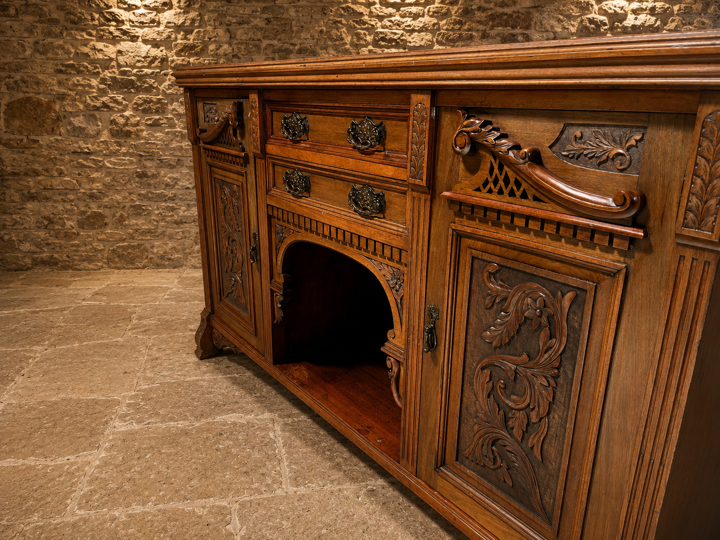 Victorian Carved Oak Sideboard | Antique Gothic Revival Buffet Cabinet | English Circa 1880–1900