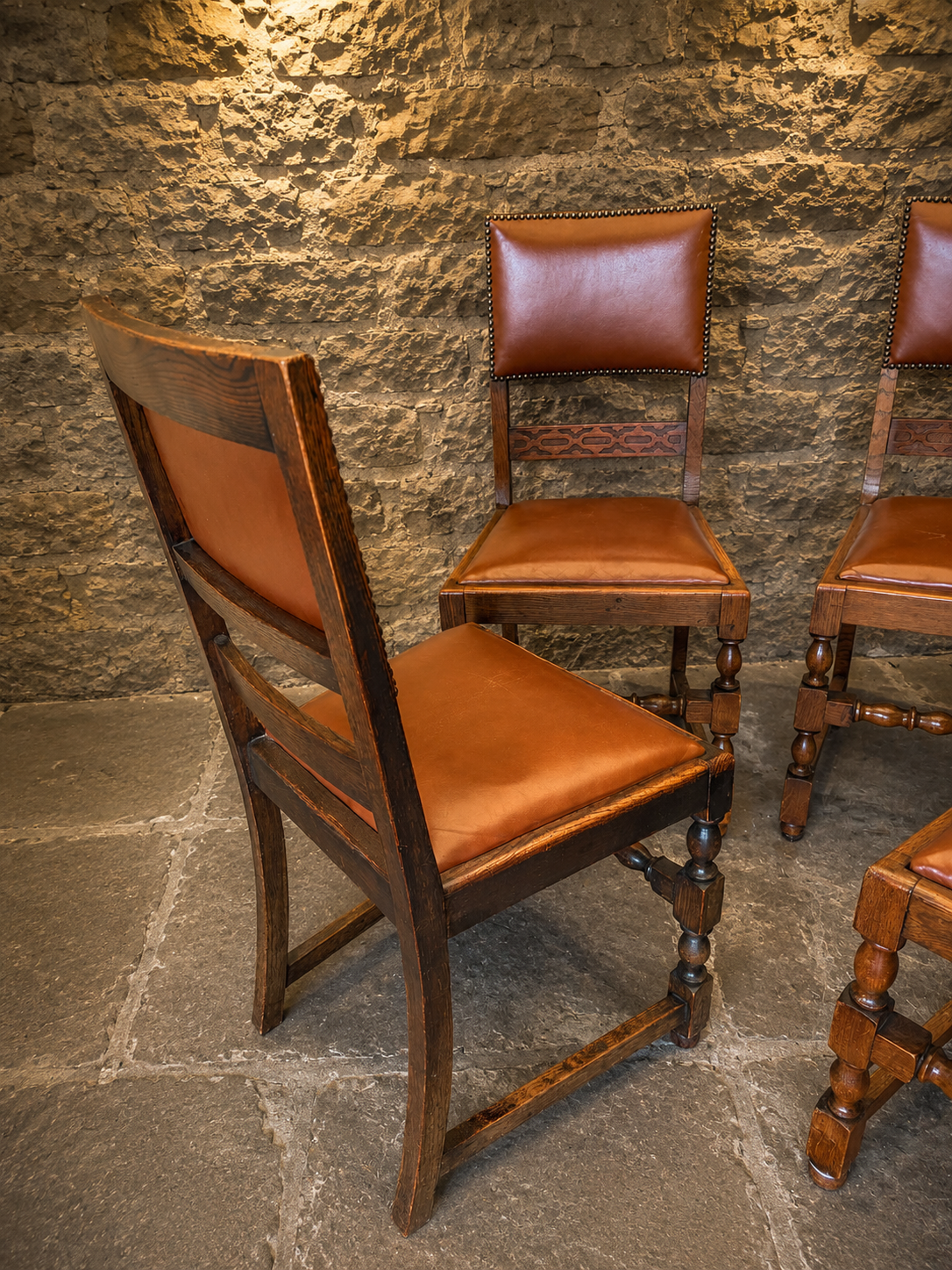 Antique 1842 Victorian Oak Dining Chairs – Set of Four with Tan Leather Upholstery